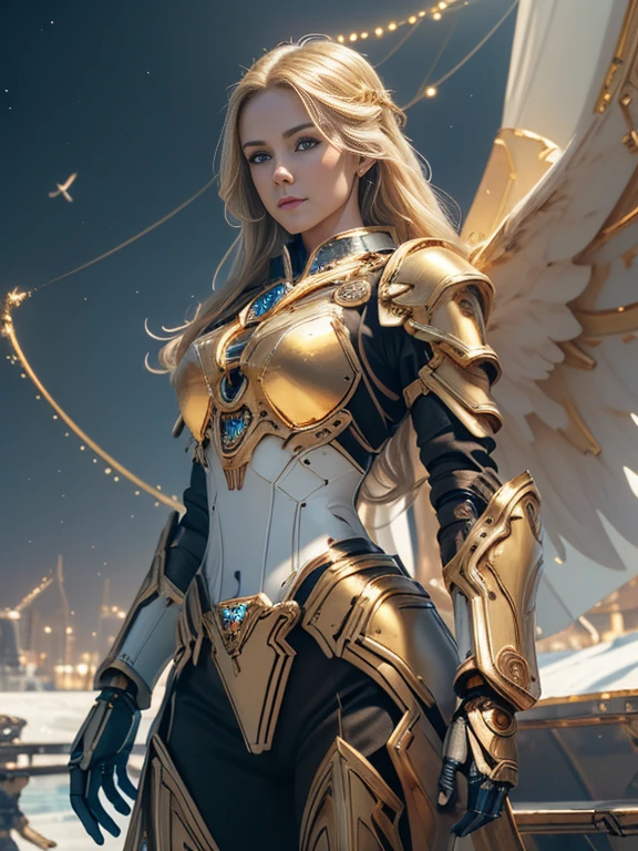 Photorealistic image ((Masterpiece)), ((high quality)) UHD 8K, of a beautiful goddess woman, realistic slim, (medium chest), (skinny waist), (long blonde hair), (blue eyes), ((Hyper-realistic mecha armor, with golden metal and intricate golden ice lights)), ((large golden wings)), (in combat position, on a futuristic ship, science fiction), Photo realistic, Natural lighting, professional DSLR camera