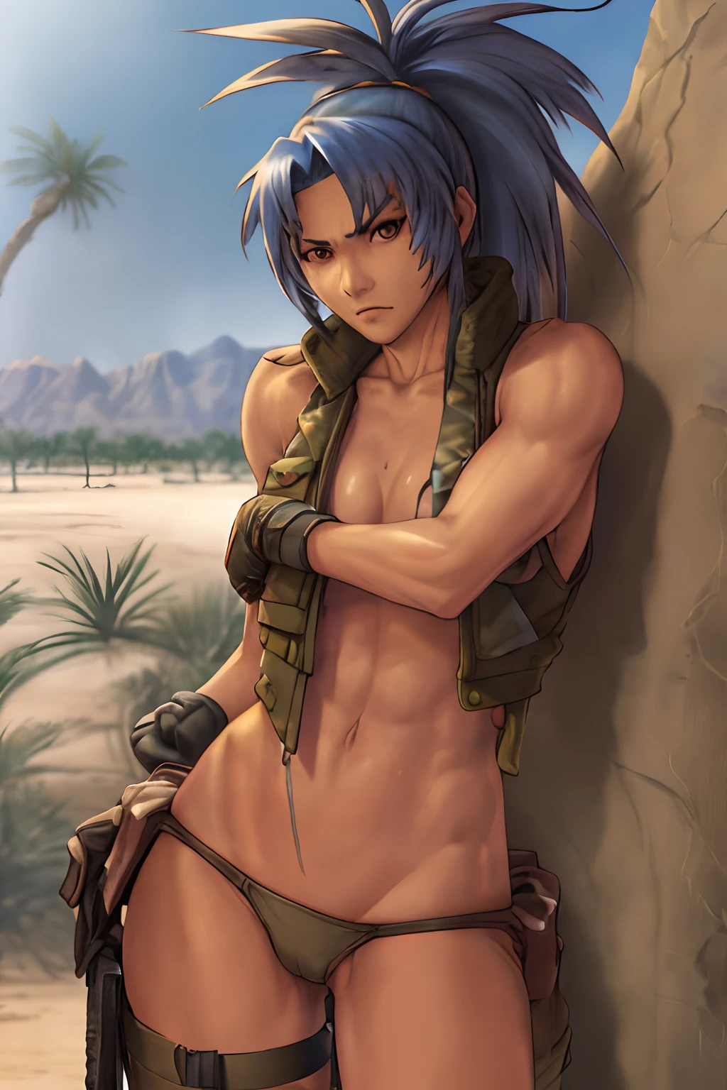 vest and panty,naked,serious,sexy pose,military,desert.Cammo,Sun,hot,guerrilla,tropical,wetting,leona from the king of fighters.