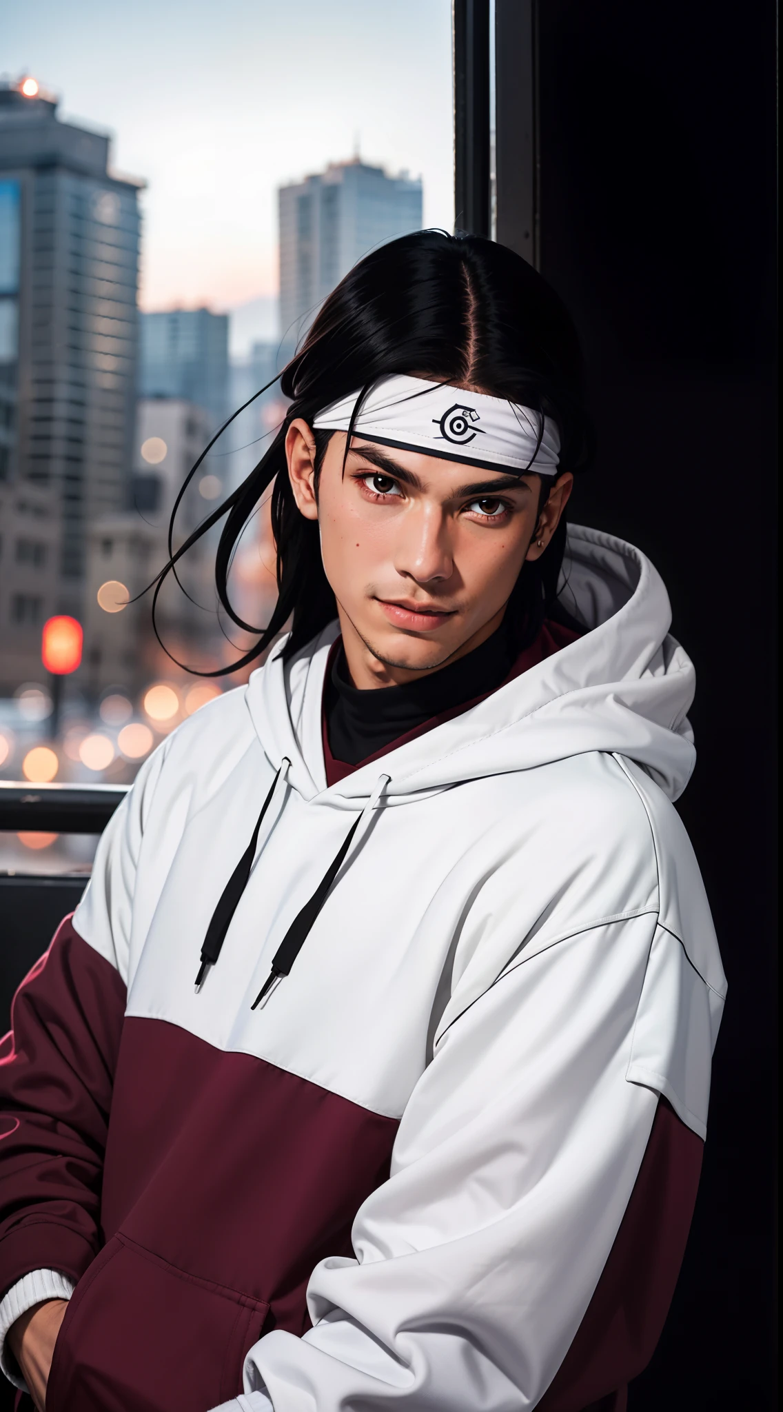 masterpiece, ultra-detailed, 1boy, male focus, upper body shot, Hashirama wearing maroon Streetwear Hoodie, long black hair, white headband, look at viewer, happy face, vibrant colors, cityscape background, dinamic lighting, highly detailed face, stylish, urban style, cool attitude, bokeh, blurry background,