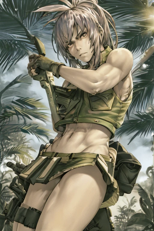 vest and panty,naked,serious,sexy pose,military,desert.Cammo,Sun,hot,guerrilla,tropical,wetting,leona from the king of fighters.