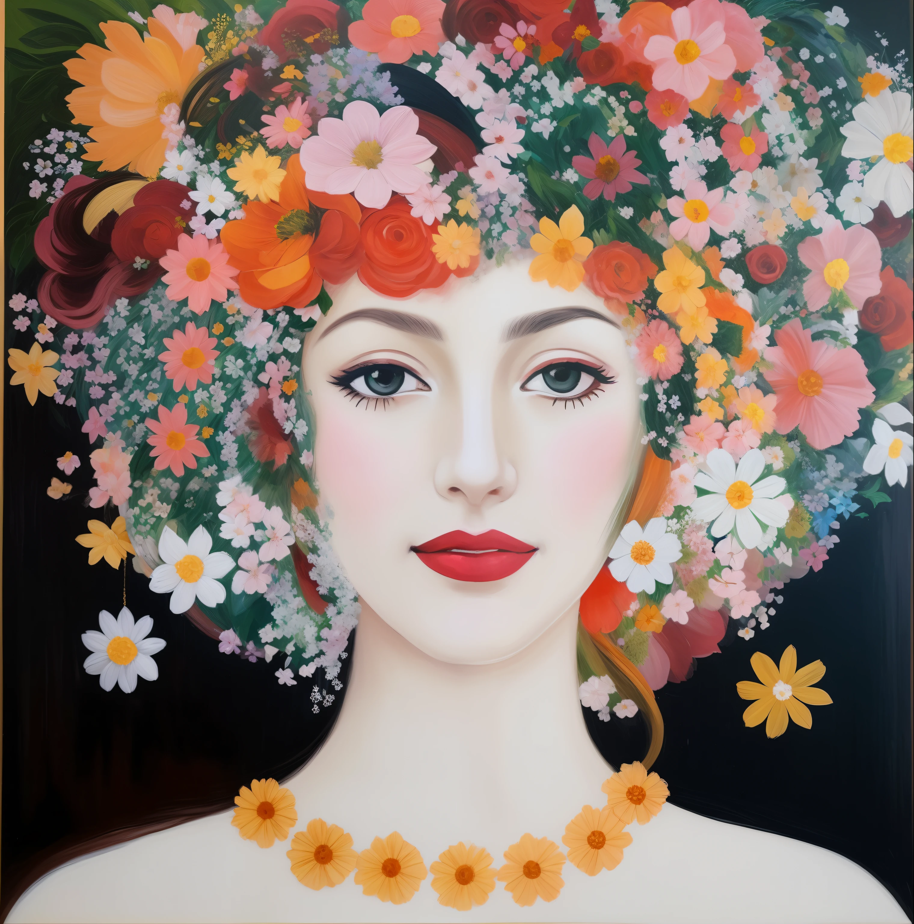 Painting of a woman with a flowery hat and necklace, girl with a flower head, deusa flor, mulher nas flores, retrato feminino com flores, turbante de flores, menina com um rosto de flor, rainha da flor, turbante de flores vibrantes, retrato caprichoso, art deco flower shaman, Rainha das Flores, Retrato da tempestade da flor, Retrato da Deusa, persephone in spring, coberto de flores