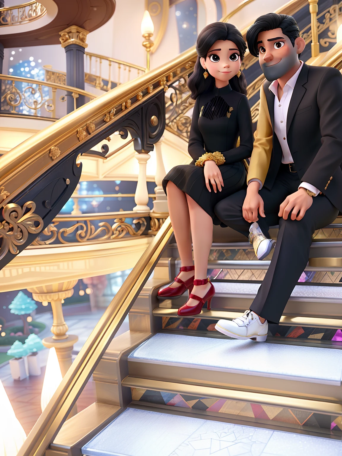 Estilo Disney Pixar, just a Couple sitting on a crystal staircase and handrail and gold, woman with long black tight dress, dark red shoes, man on suit, Black pants and shoes