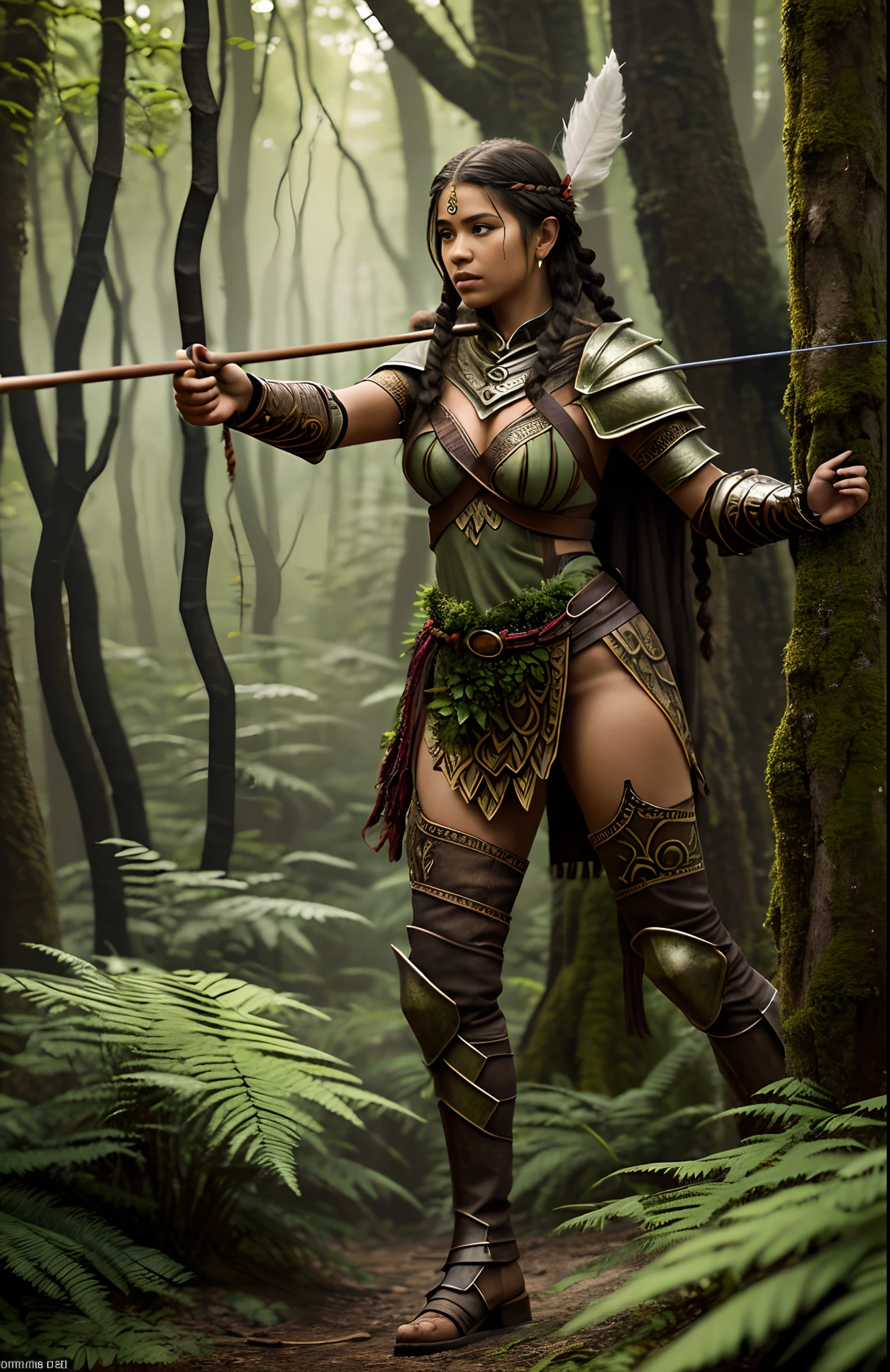 (a high-resolution, realistic) Light skinned black girl, druid in the style of Dungeons and Dragons, holding a bow, with the bow drawn and taking aim at an orc. The girl is dressed in armor made entirely of leaves.
Additional details: The girl has intricate, tribal face paint with earthy colors. Her eyes are sharp and focused, reflecting determination and strength. Her lips are full and slightly parted, showing her concentration as she takes aim. The girl's long, wavy hair is braided with flowers and feathers, adding to her natural and magical appearance. (((full body))), dark jungle with manys beadts lurking
The armor she wears is made of large, overlapping leaves that resemble scales, providing both protection and camouflage in the natural surroundings. The leaves have a vibrant green color, emphasizing the druid's connection to nature. Vines and flowers intertwine with the armor, further enhancing the mystical and earthy look.
The bow in her hands is made of intricately carved wood, decorated with nature-inspired patterns and symbols. As she pulls back the bowstring, the druid exhibits a graceful and
