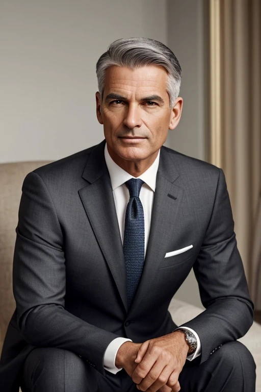 An incredibly realistic depiction of a handsome man of about 55 years old, with an extremely short, gray haircut, a light complexion, a slim build, and a hint of stubble on his chin. He exudes charm and sophistication in his impeccable black three-piece suit.