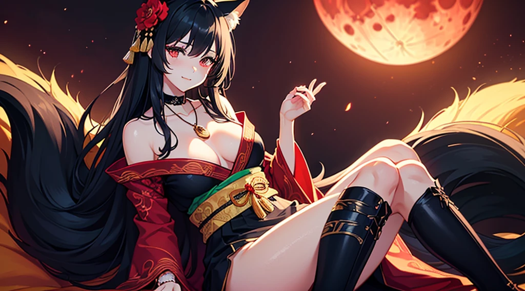 (extremely detailed CG unity 8k wallpaper), (((ultra-detailed))), ((extremely detailed)), (((best illustration))), best illumination, ((extremely delicate and beautiful)), ((an extremely delicate and beautiful girl)), colorful, modern city, (((red moon))), blood particles, ((1 girl, solo)), {{finely detailed beautiful eyes and detailed face}}, sad expression, smile, long hair, (((black hair))), red eyes, beautiful detailed eyes, mature female, slender, medium breast, black red fox ears, (black red fox tail), (((intricate details))), (Black and red knee-length kimono dress), black knee thighs, medium height black boots with medium heel, ((black choker with red pendent)), lycoris flower birthmark on neck sitting, bishoujo, 19_years_old,