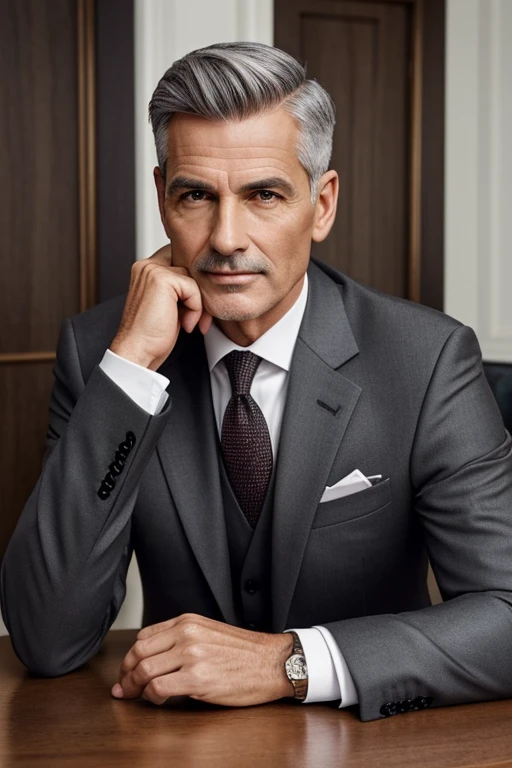 An incredibly realistic depiction of a handsome man of about 55 years old, with an extremely short, gray haircut, a light complexion, a slim build, and a hint of stubble on his chin. He exudes charm and sophistication in his impeccable black three-piece suit.