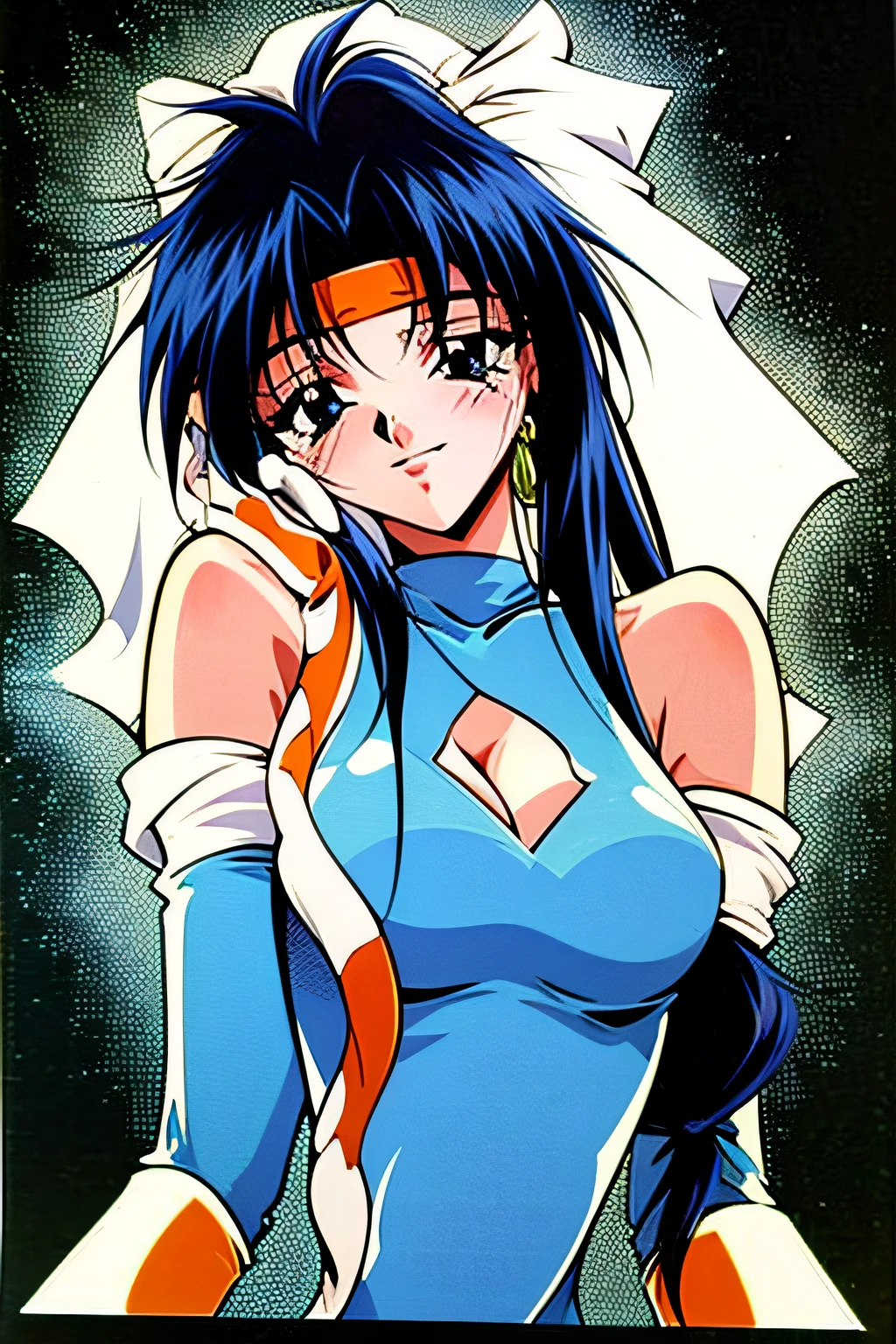 1girl(8), full body, blush ,earrings(3) ,headband(4) ,jewelry(3) ,long_hair(7) ,red_eyes(3) ,red_hair(3) ,smile(8) ,solo(8) ,turtleneck ,rating:safe(9) ,breasts(2) ,cleavage(2) ,open_mouth(5) ,ponytail ,retro_artstyle(6) ,braid ,clothing_cutout ,fingerless_gloves(3) ,gloves(3) ,one_eye_closed(2) ,white_background(2) ,black_gloves ,blue_hair(4) ,green_eyes(4) ,painting_(medium) ,sidelocks ,yellow_headwear ,blue_eyes ,bow ,hair_bow ,hair_ornament ,hand_on_own_face ,hands_on_own_face ,head_rest ,low-tied_long_hair ,multi-tied_hair ,purple_hair(3) ,very_long_hair ,bandana ,closed_eyes ,hair_over_eyes ,lina_inverse ,holding ,long_sleeves, 1990s, 1990 anime.