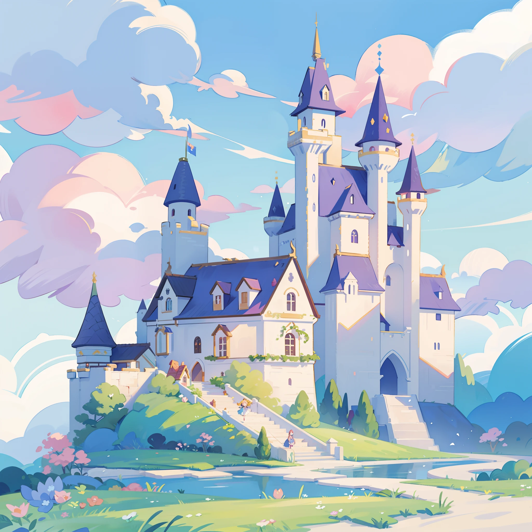picture book illustration, watercolor storybook illustration, princess castle, fairytale castle, fairytale towers, clouds, vibrant pastel colors, dream, colorful, whimsical, magical, masterpiece, best quality, sharp focus, intricately detailed environment, fine detail, 8k resolution
