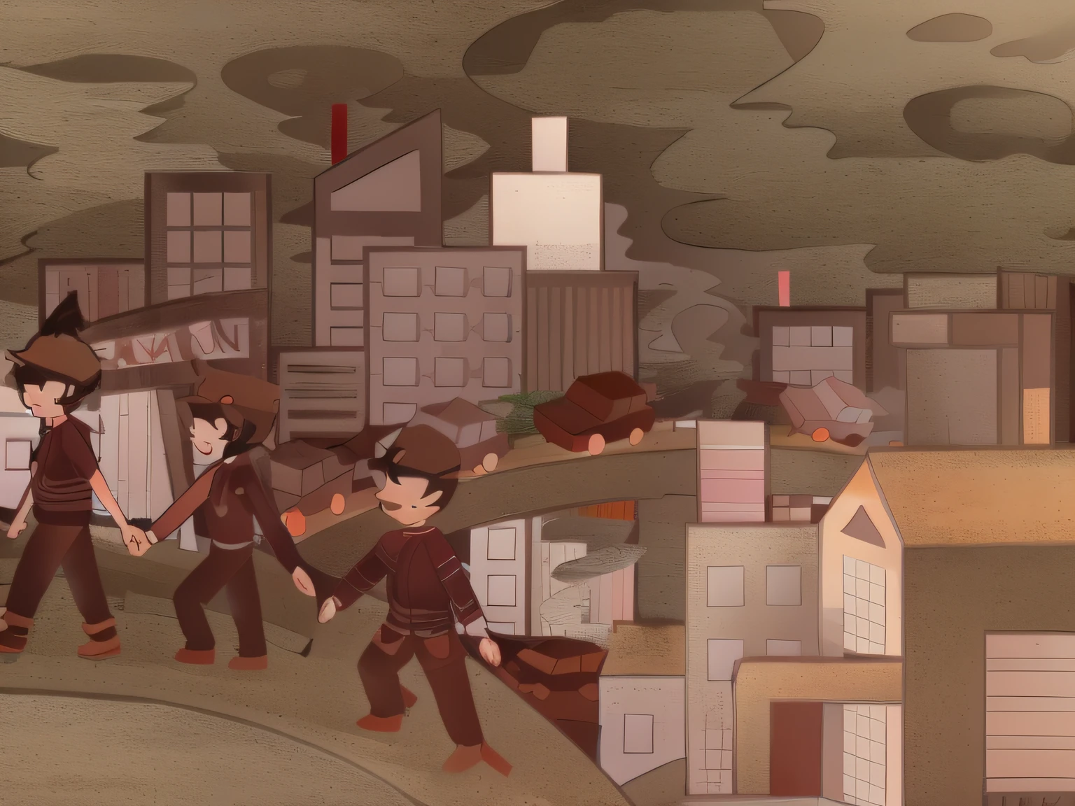 line art, mural, medium dark environment, city colors, people walking