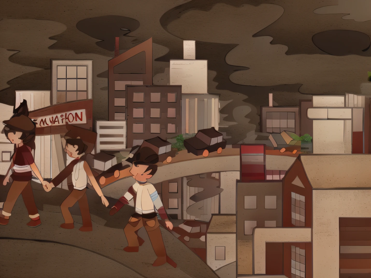 line art, mural, medium dark environment, city colors, people walking