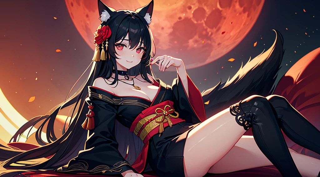 (extremely detailed CG unity 8k wallpaper), (((ultra-detailed))), ((extremely detailed)), (((best illustration))), best illumination, ((extremely delicate and beautiful)), ((an extremely delicate and beautiful girl)), colorful, modern city, (((red moon))), blood particles, ((1 girl, solo)), {{finely detailed beautiful eyes and detailed face}}, sad expression, smile, long hair, (((black hair))), red eyes, beautiful detailed eyes, mature female, slender, medium breast, black red fox ears, (black red fox tail), (((intricate details))), (Black and red knee-length kimono dress), black knee thighs, medium height black boots with medium heel, ((black choker with red pendent)), lycoris flower birthmark on neck sitting, bishoujo, 19_years_old,