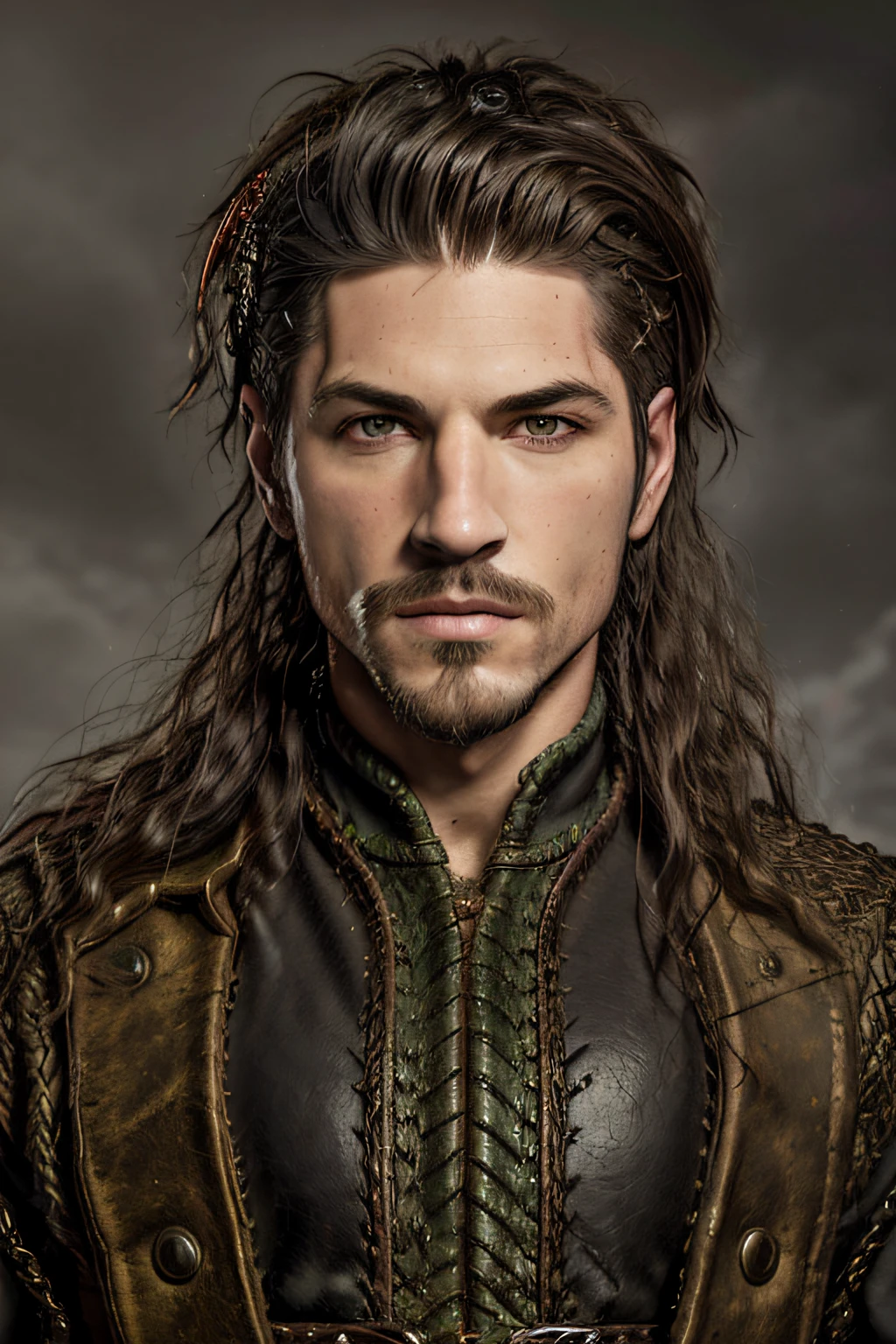 retrato da fantasia. Homem em meados dos anos vinte. Handsome. olhos verdes. longos cabelos cacheados pretos. Bigode e cavanhaque. jovem. atraente. roupas pretas. arte de fantasia. dungeons and dragons art. Cabelo preto pele levemente bronzeada