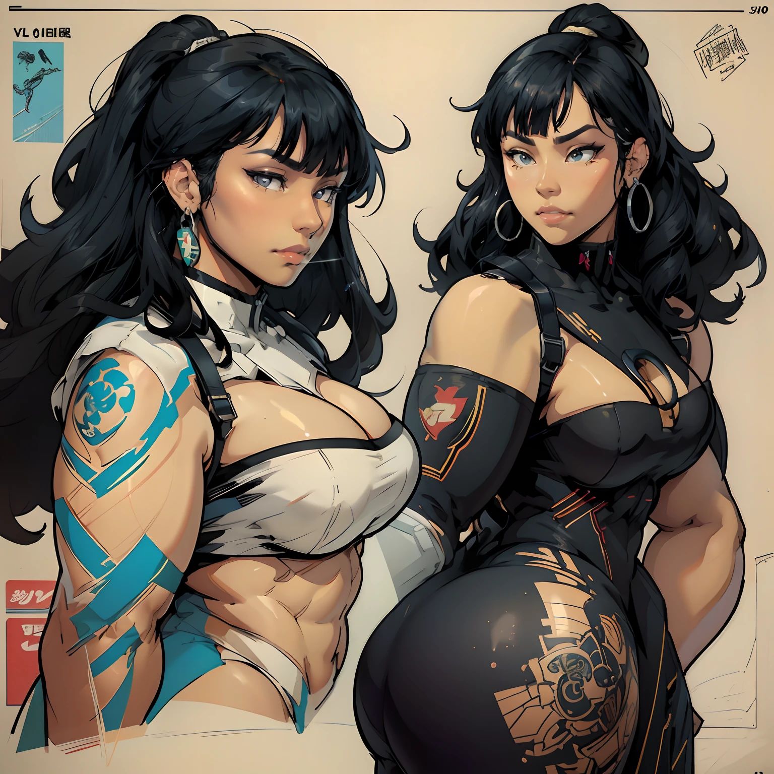 fighting game character ((character concept art)), ((character design sheet, same character, front, side, back))

Close-up of a woman in a long qipao dress, dark brown skin, (thick thighs), wide body, (chubby), earrings, Detailed black hair with bangs, long curly hair, video game character design, accessories

Expert high detail concept art, comic book style, intricate comic book outline line work, flat colors, concept art, solid background