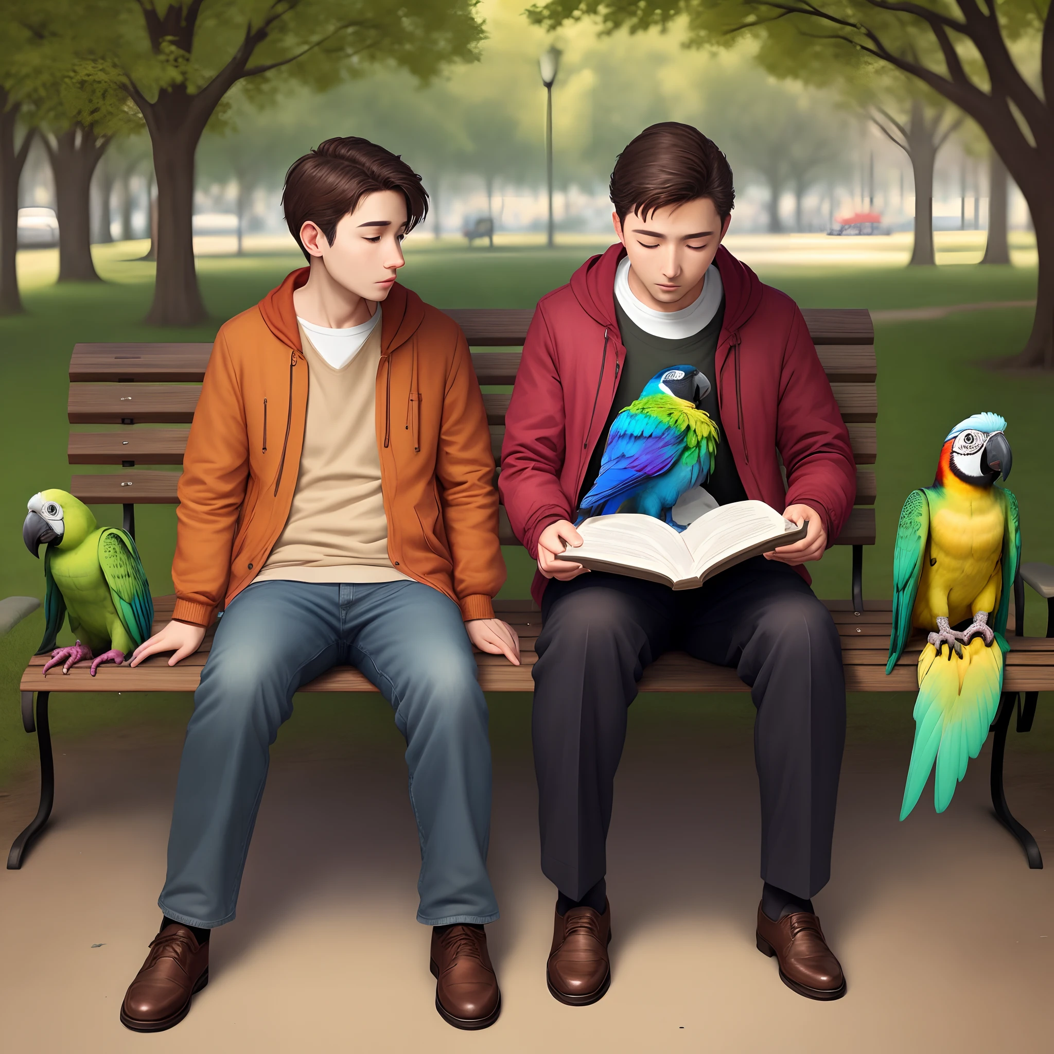 A colorful parrot reading a book and on the cover of the book is written: How to stop being poor tonight he's on a park bench