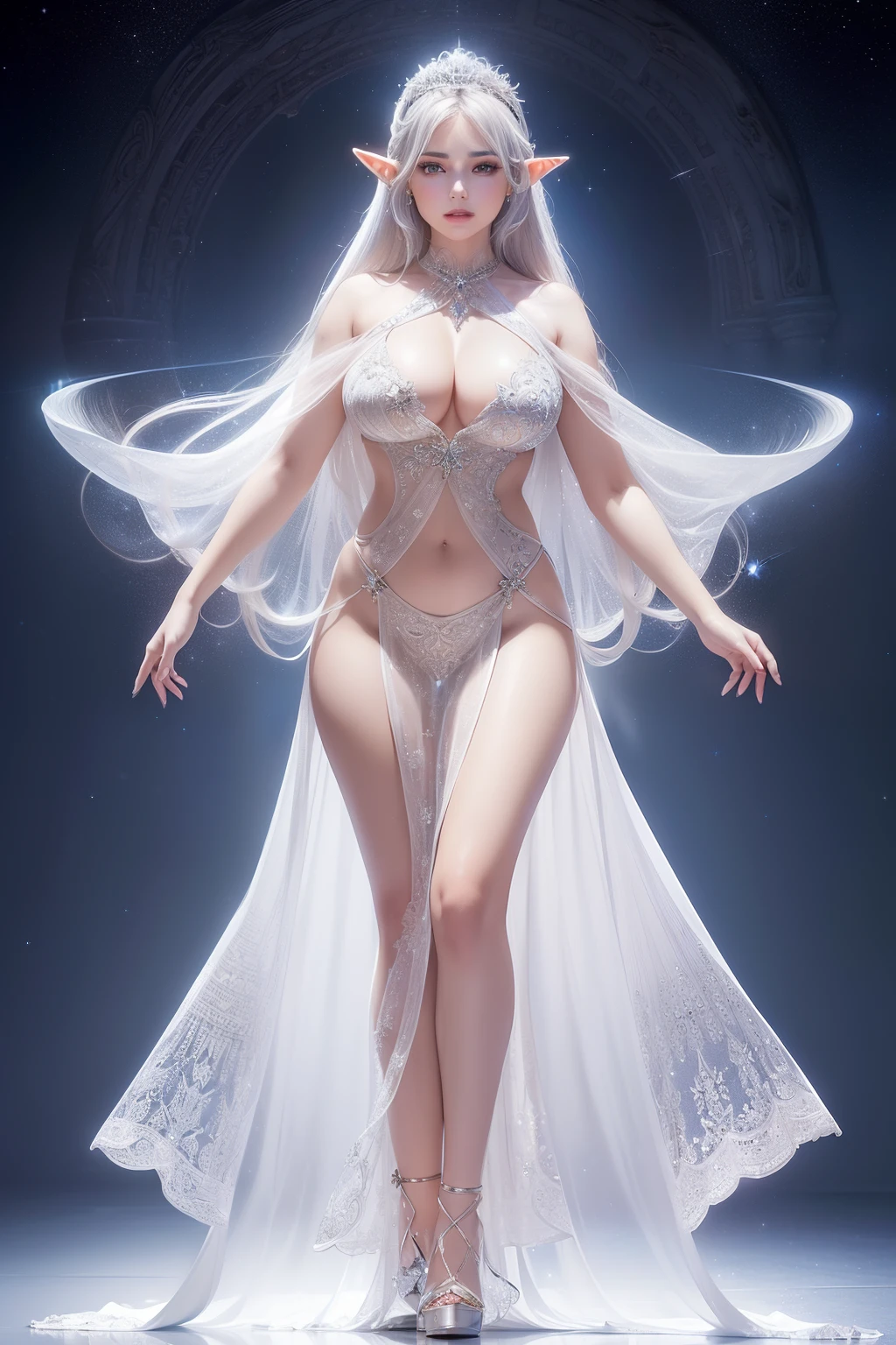 ((masterpiece, best quality, ultra-detailed, ultra-HD, photorealistic, cinematic)), ((alluring female elf)), perfect body, voluptuous body, perfect anatomy, perfect face, perfect hands, large cleavage, round ass, round legs, (radiant and luminous gown that shimmers with a celestial glow), (the gown should be primarily in shades of pure white and pale gold, giving it an angelic and ethereal appearance), (intricate patterns that resemble rays of light), (long, flowing, and shimmering in radiant hues of silver and gold, with strands that appear as if they are made of pure light), (gentle, natural wave, evoking the rays of the sun, and add a delicate star or crystal hairpins to enhance the celestial theme), (celestial tiara, featuring intricate designs with star-shaped and crystal elements that reflect and refract light in dazzling ways), (wear delicate jewelry with gemstones that seem to capture and refract light, giving the impression of stars in the night sky), (sensual pose), (wide shot, full body view:1.5), navel, naked