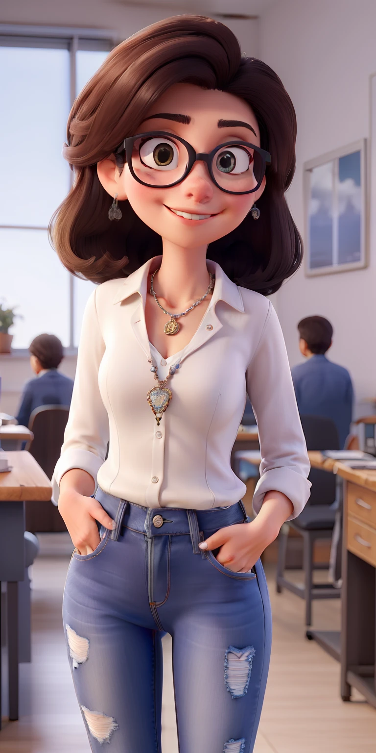 Obra-prima, Of a woman without glasses wearing a white blouse, Denim Jeans Pants, Heart necklace on the neck , jaqueta jeans em sala de aula, cabelo com mechas loiro, liso com comprimento abaixo do ombro, olhos castanhos claros, rosto arredondado, pensativa surpreenda-me 3d