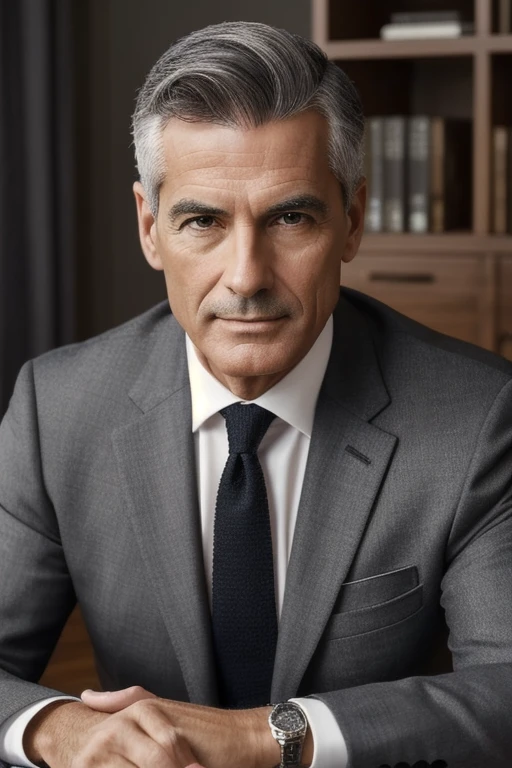 An incredibly realistic depiction of a handsome man of about 55 years old, with an extremely short, gray haircut, a light complexion, a slim build, and a hint of stubble on his chin. He exudes charm and sophistication in his impeccable black three-piece suit.