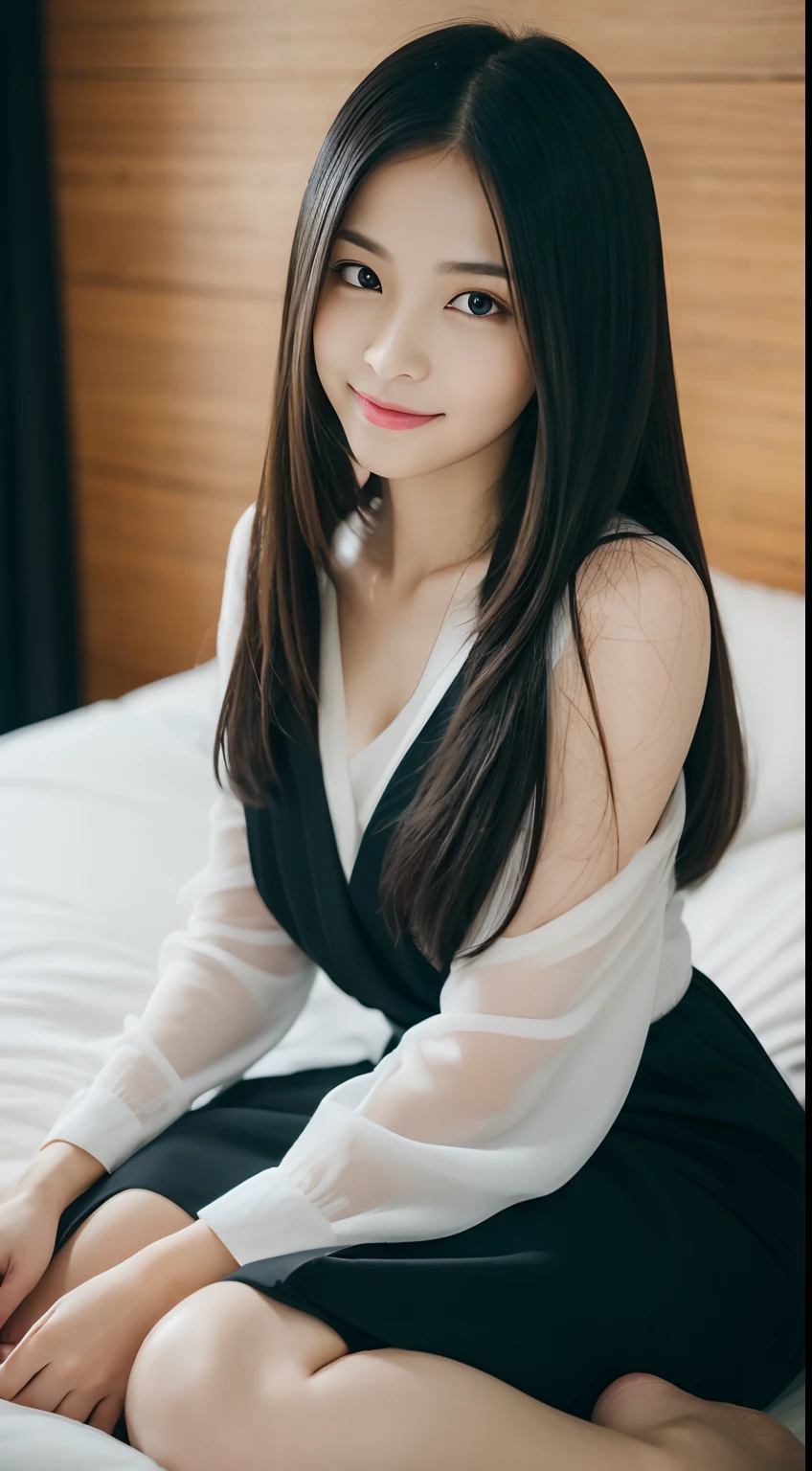 ((Best Quality, 8K, masutepiece:1.3)), beautiful Girl, pure, Melon face, gentle and cute, Sweet smile, pure lust, Thin body, (Frontal), (Head Tilted), Looking directly at the camera, uniform, Obi, Formal, Black silky long straight hair, long hair flowing over the shoulders, round black big eyes, clear big eyes, Moist red lips, Dolce, Sitting on the edge of the bed, Home background,Raw photo