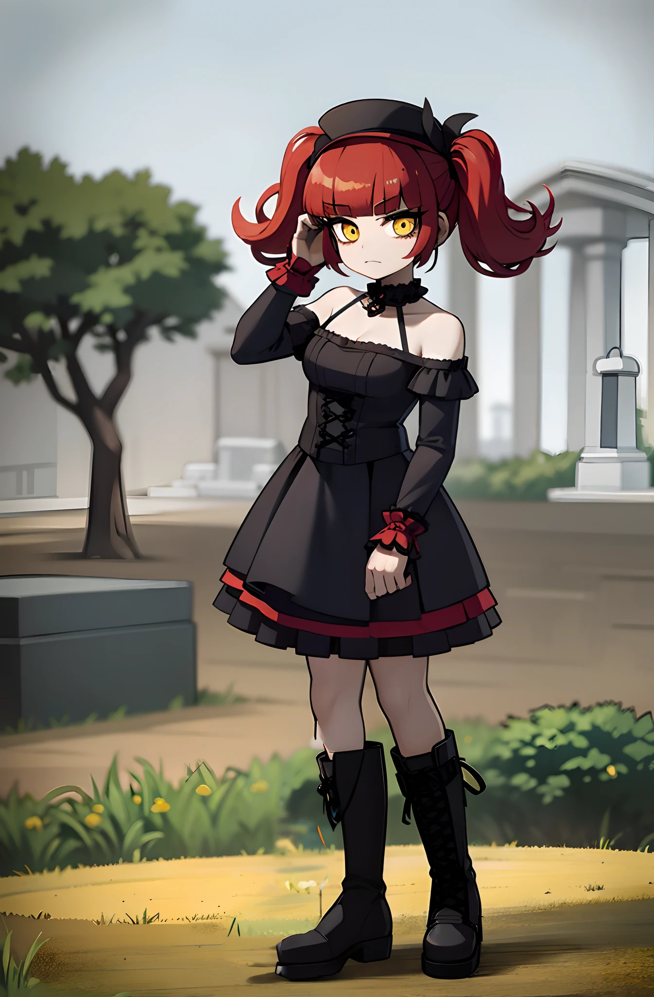 young girl, red hair, wearing a vitorian black dress, smilingm, in a cemetery, cercated to mannequins, inexpressive face, bored face, great eyes, yellow eyes, night, 4k, full body,