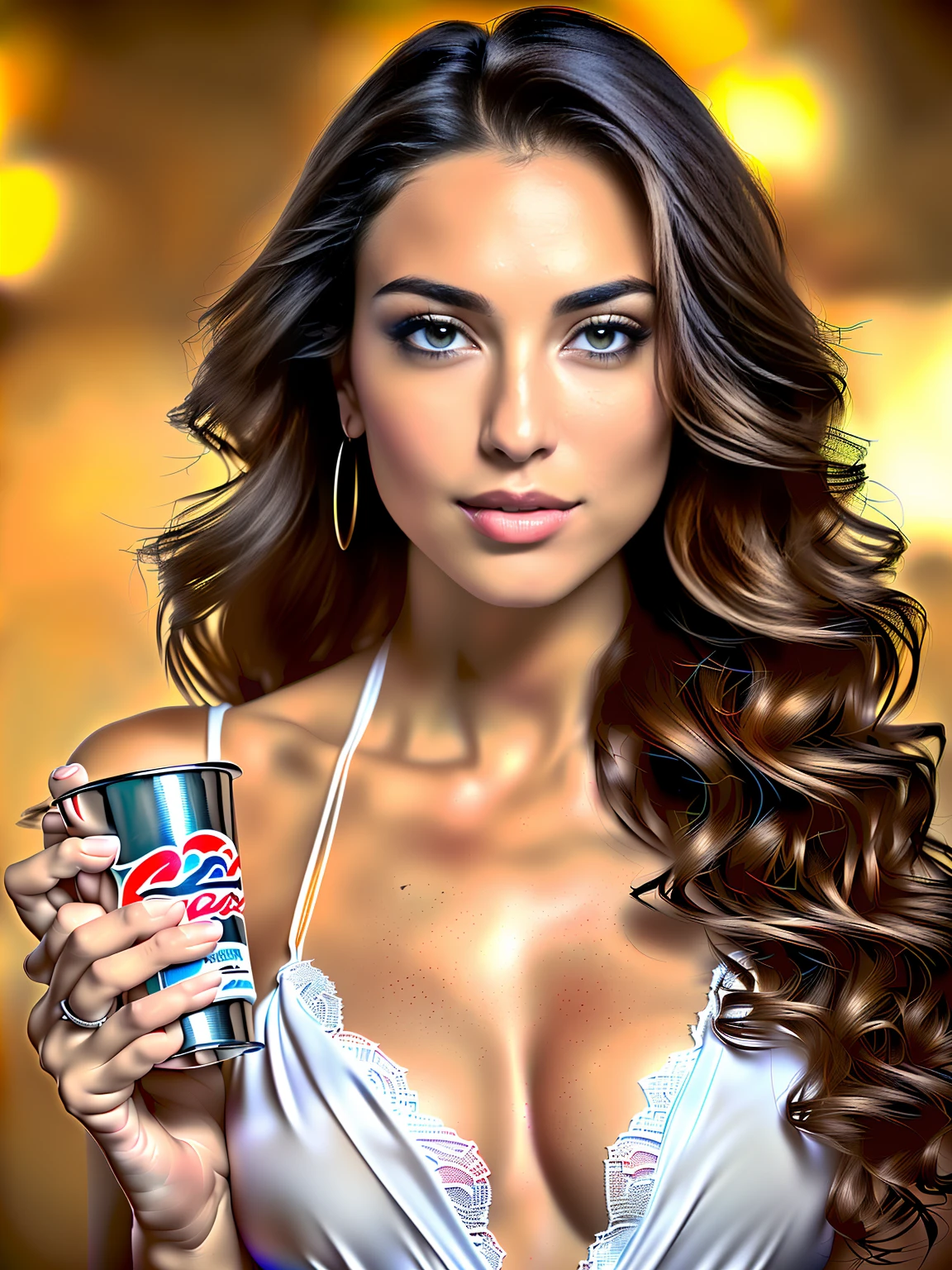 Face portrait of a woman with long dark brown curly hair with blonde highlights, light brown skin and detailed seductive eyes, wearing social blouse, drinking coffee with blurred background, best quality masterpiece, photorealistic, detailed, 8k, HDR, shallow depth of field, wide light, high contrast, backlighting, bloom, light glows, chromatic aberration, sharp focus, RAW color photo