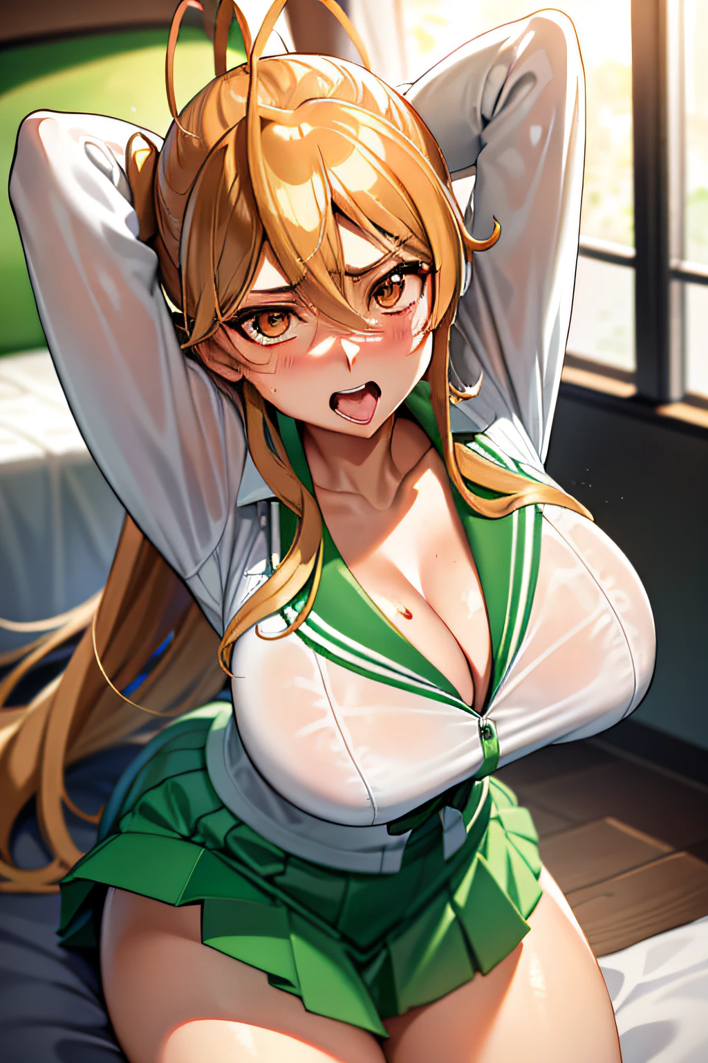 miyamoto rei, school uniform, white shirt, green skirt, masterpiece, best quality, highly detailed, massive breasts, bedroom, lay on bed, blushing, ,breath, lewd,, scared, shy, 4K, 8K, PERFECT EYES, PERFECT FACE, LIPS, OPEN MOUTH,  SHOWING TONGUE, tongue out, big open mouth, POV