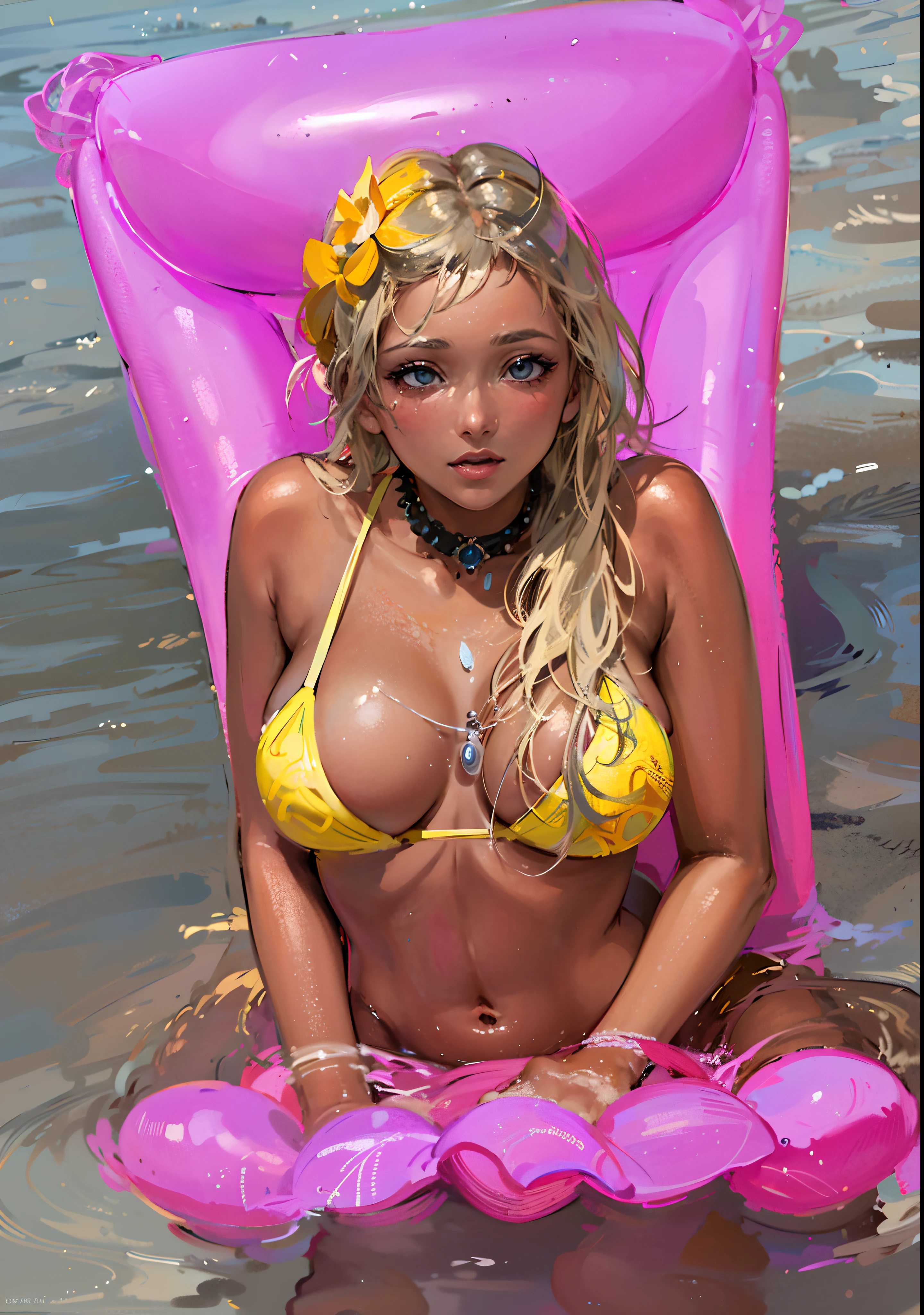 blonde woman in a yellow bikini sitting on a pink inflatable chair, in yellow bikini, in a yellow bikini, in bikini, wearing pearl neon bikini, bikini model, in a bikini, blonde swedish woman, on a sunny beach, in a sun lounger, as if lisa simpson came to life, jenny savile, cute bikini, wearing a bikini, swimsuit model