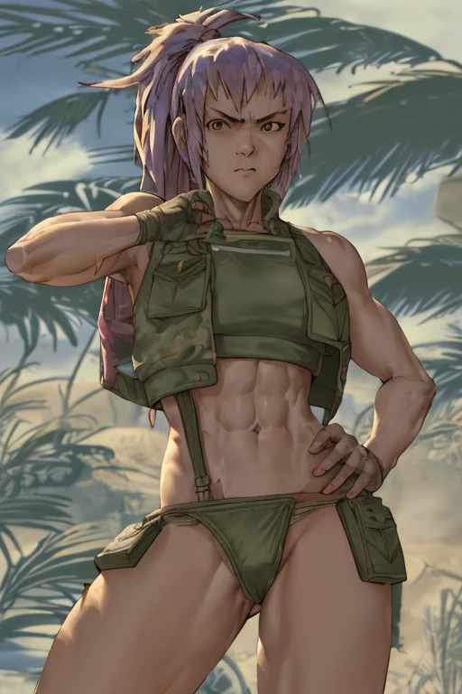 vest and panty,naked,serious,sexy pose,military,desert.Cammo,Sun,hot,guerrilla,tropical,wetting,leona from the king of fighters.