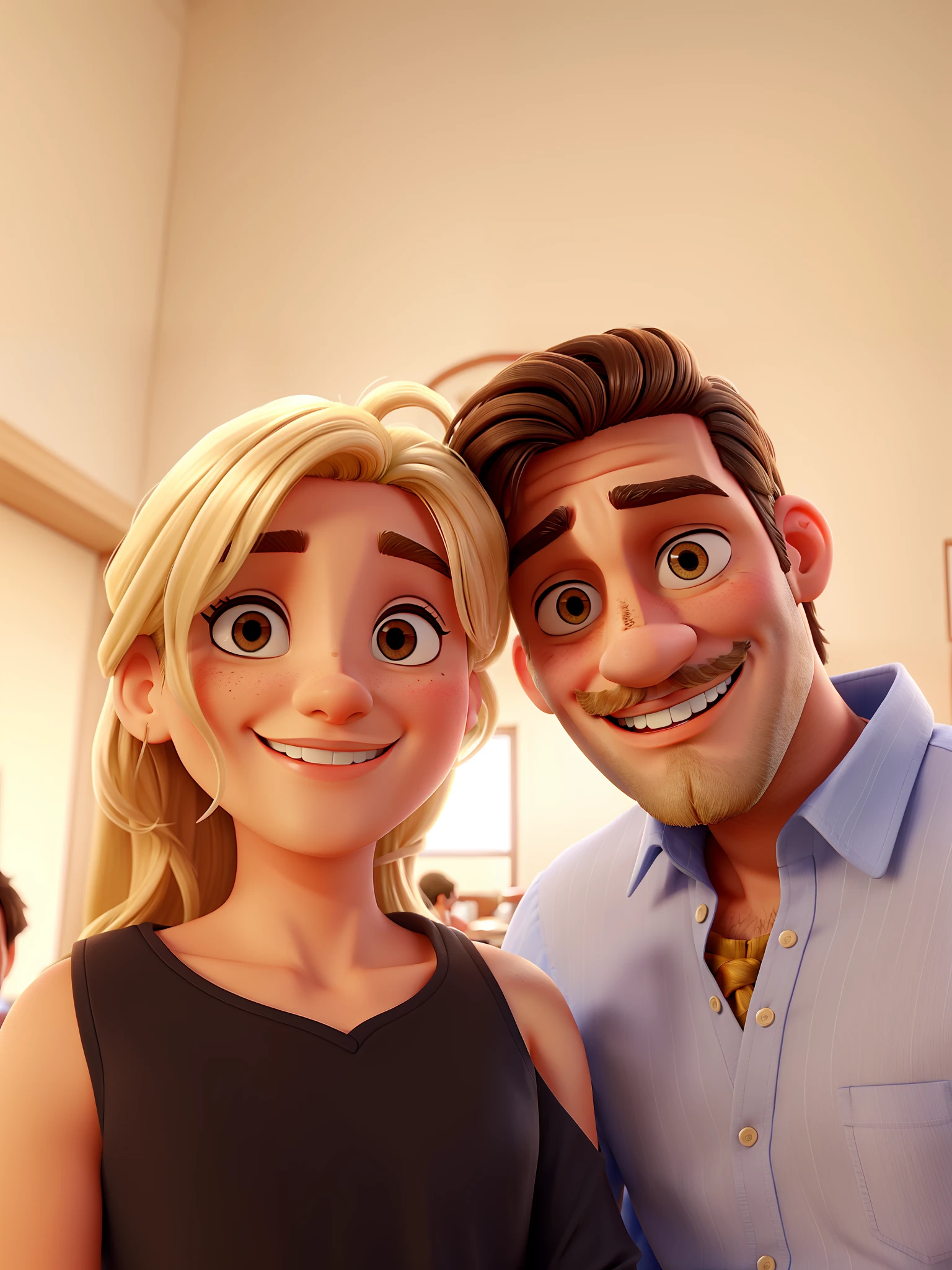 Casal em um restaurante. The blonde woman on the left with tied hair and brown eyes. The Man on the Right Has Black Hair, olhos cor azul, barba e bigode cor grisalho. They're both smiling