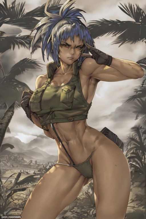 vest and panty,naked,serious,sexy pose,military,desert.Cammo,Sun,hot,guerrilla,tropical,wetting,leona from the king of fighters.