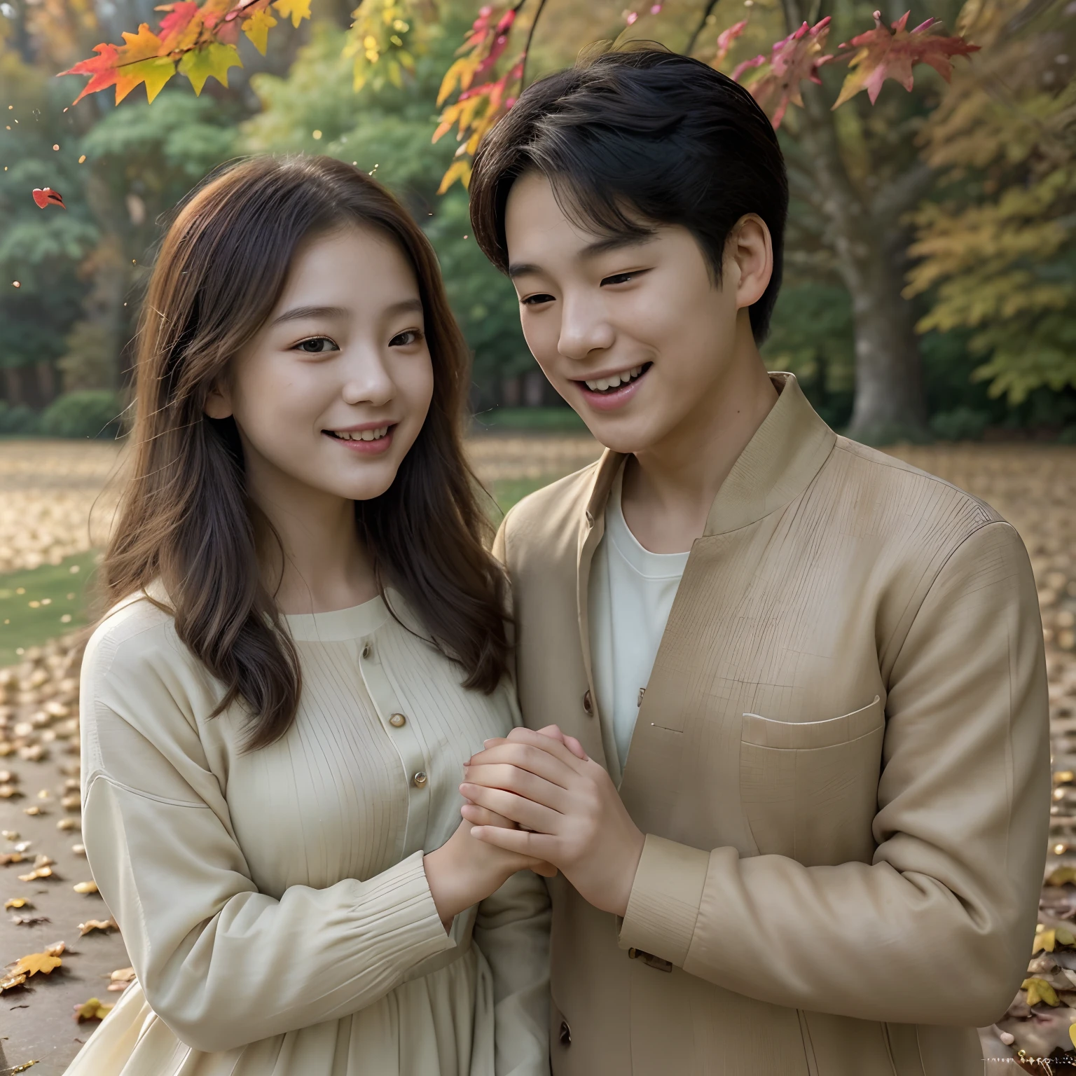 Two people posed for a group photo on the white carpet, Ruan Jia and Fenghua Zhong, Happy couple, cute couple, Li Zixin, zmonzheng, Smiling couple, couples portrait, photoshoot, couple, tang mo, product introduction photos, jinyiwei, 60mm portrait, ruan jia and brom, couples portrait,high-definition photography,8K