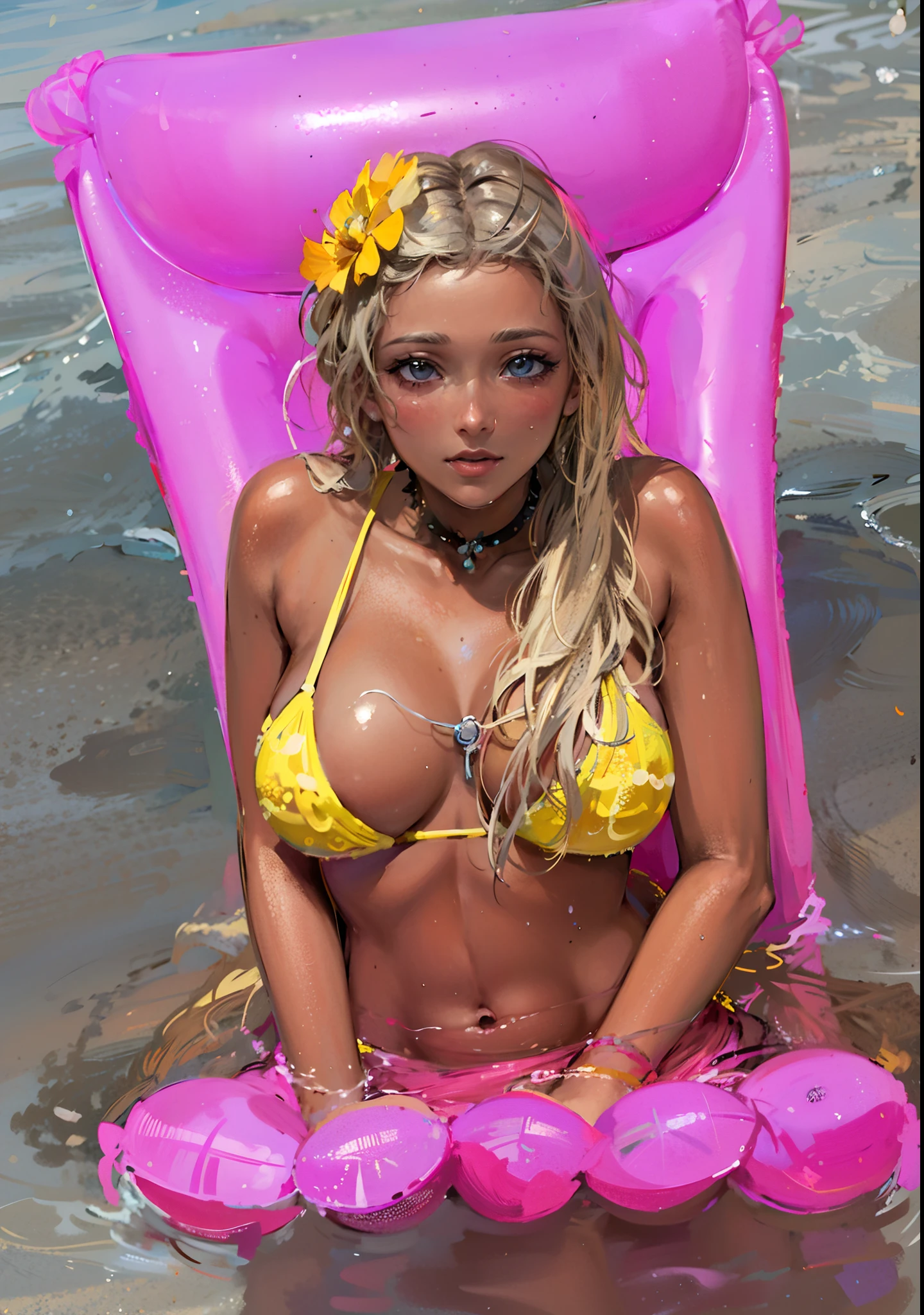 blonde woman in a yellow bikini sitting on a pink inflatable chair, in yellow bikini, in a yellow bikini, in bikini, wearing pearl neon bikini, bikini model, in a bikini, blonde swedish woman, on a sunny beach, in a sun lounger, as if lisa simpson came to life, jenny savile, cute bikini, wearing a bikini, swimsuit model