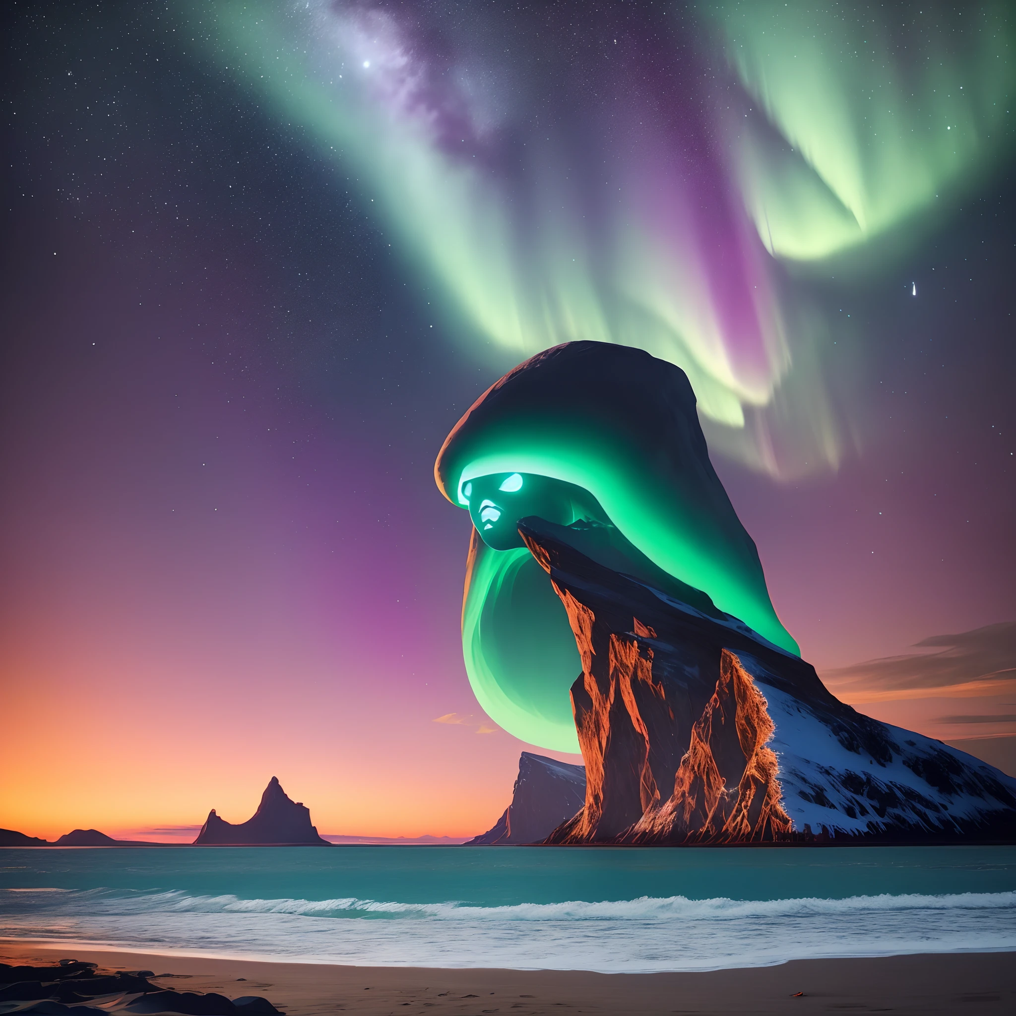 Extraterrestre guapo, en Noruega de noche en la playa, con Aurora boreal de fondo en el cielo