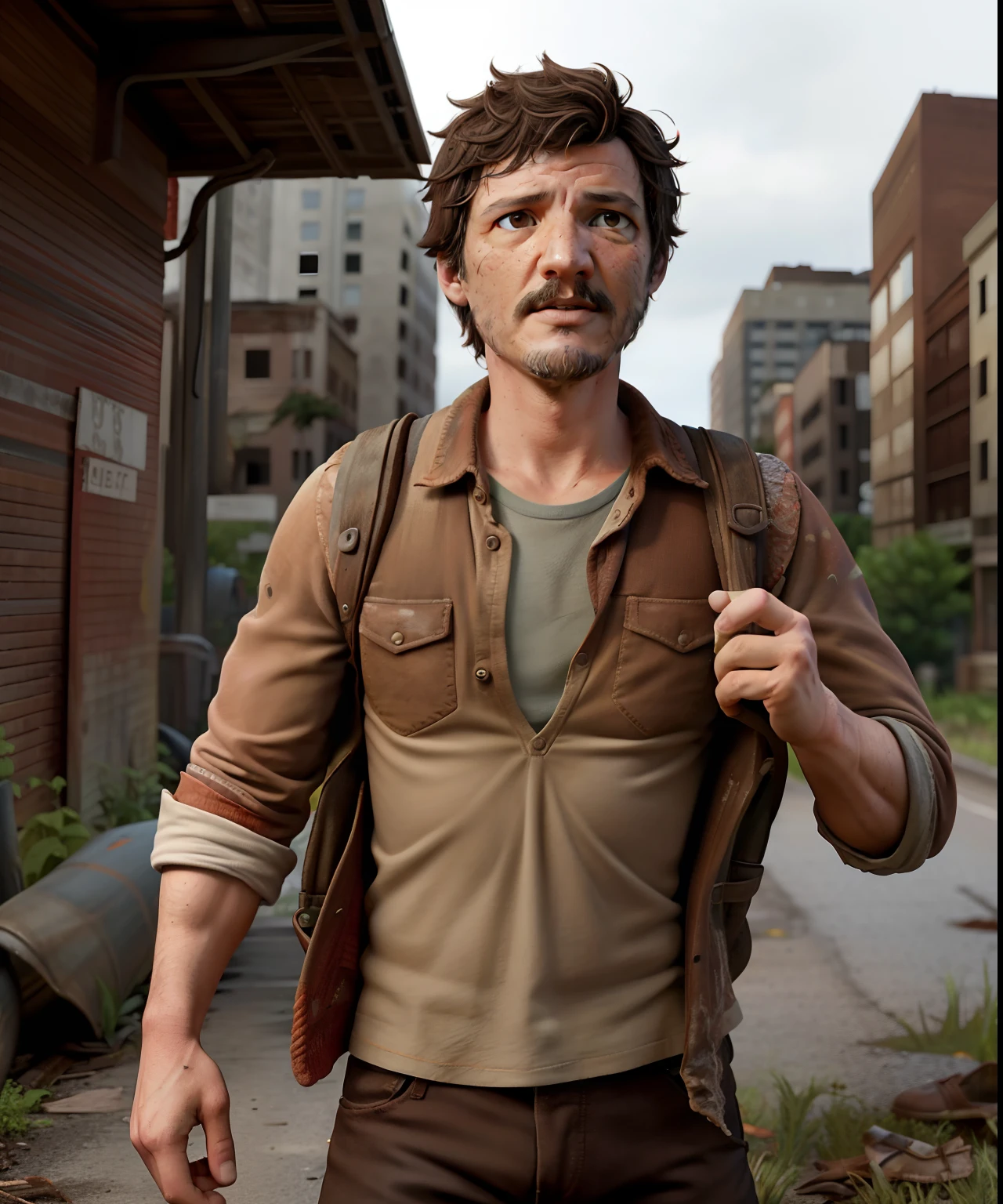 1boy,man (pedro pascal:1.10),playing Joel Miller,The Last of Us,(brown eyes:1.35),(masterpiece:1.10),(best quality:1.10),action shot,cinematic lighting,abandoned overgrown background,absurdres