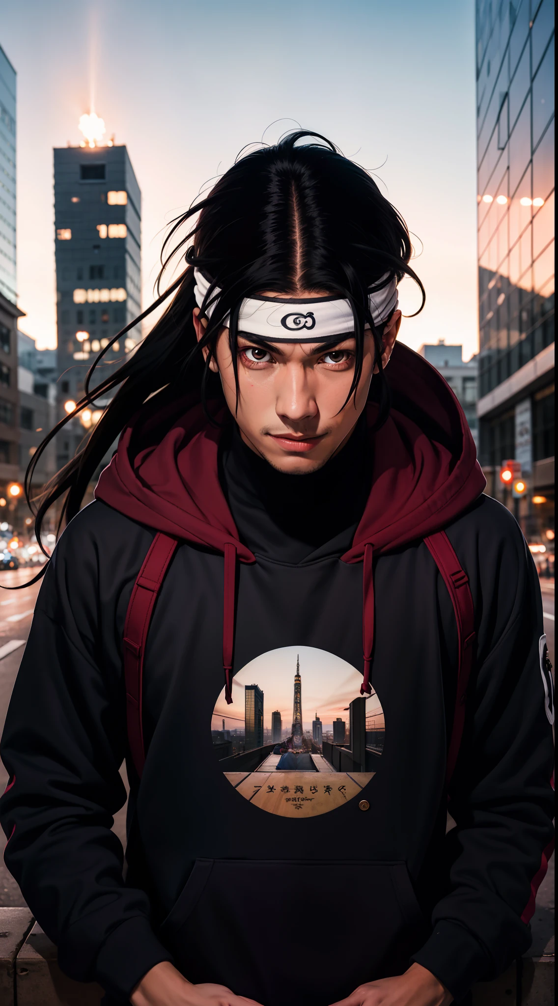 masterpiece, ultra-detailed, 1boy, male focus, upper body shot, Hashirama wearing maroon Streetwear Hoodie, long black hair, white headband, look at viewer, happy face, vibrant colors, cityscape background, dinamic lighting, highly detailed face, stylish, urban style, cool attitude, bokeh, blurry background,