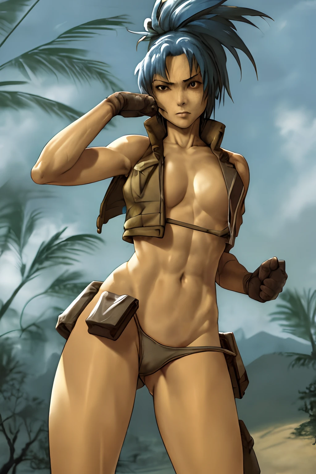 vest and panty,naked,serious,sexy pose,military,desert.Cammo,Sun,hot,guerrilla,tropical,wetting,leona from the king of fighters.