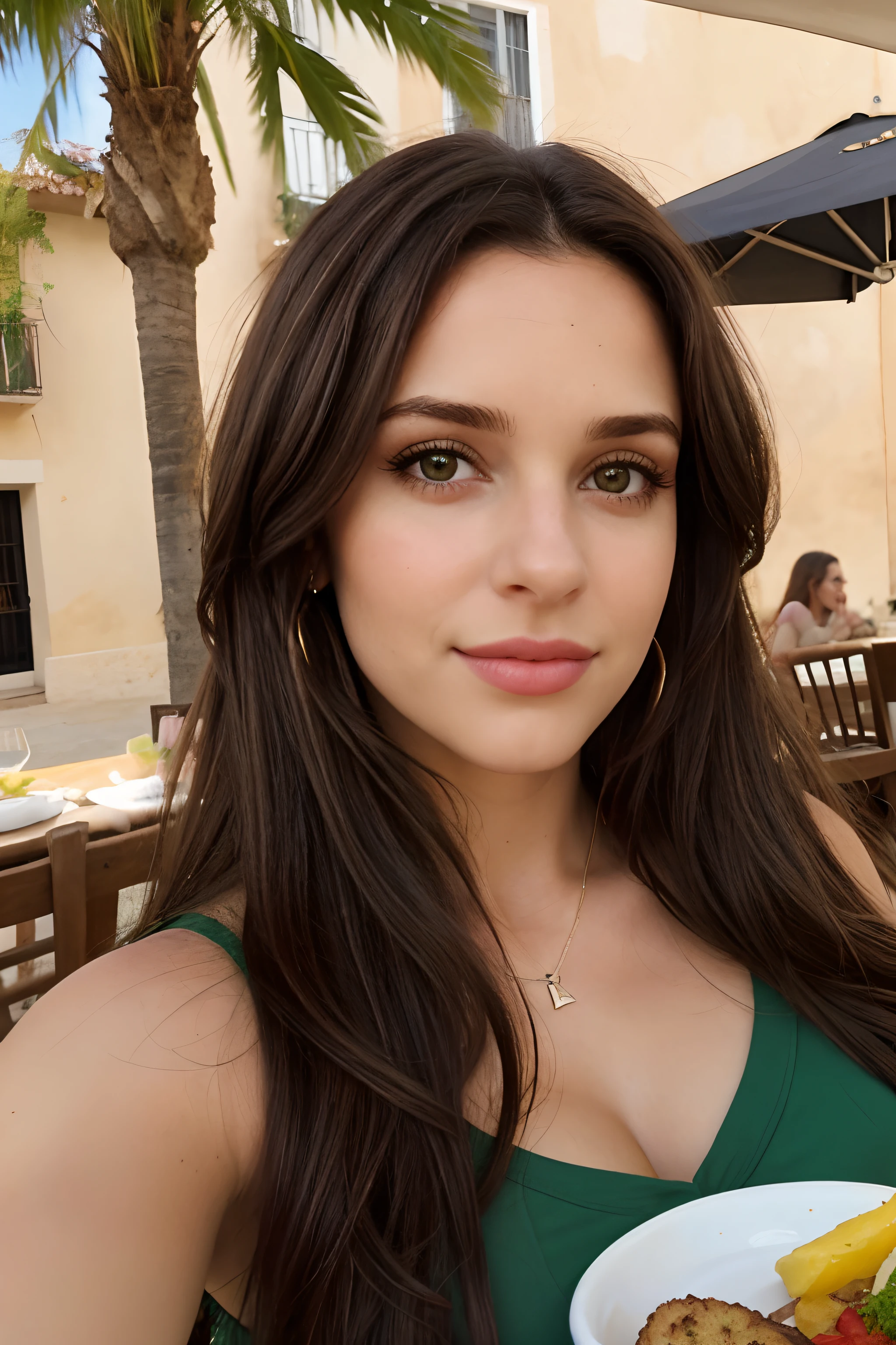 1mujer, (realista:0.75), brown hair, Cabello largo, ojos negros, feliz, almorzando,amigas rubias,ojos verdes,europeas, selfie, comida