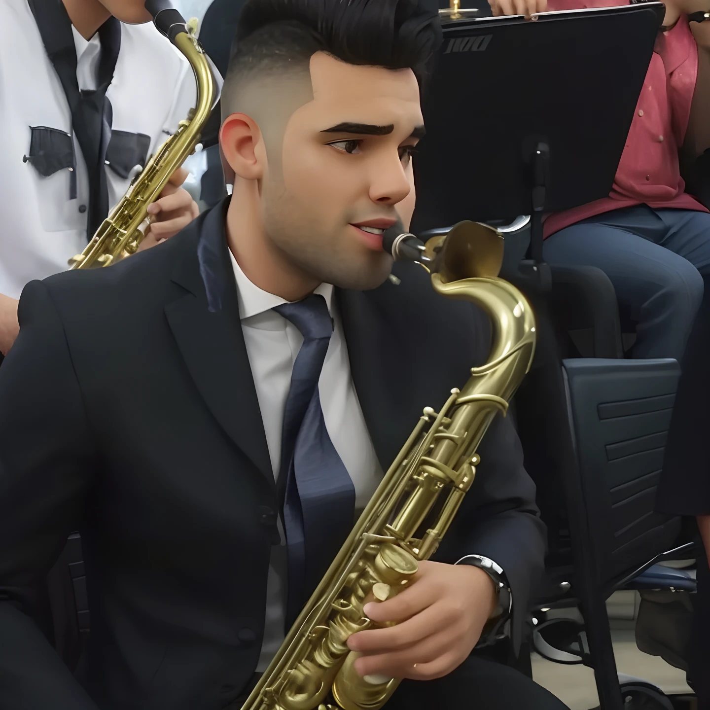 There's a man in a suit playing saxophone in a band, masterful composition!!!, sousaphones reais, saxofone, usando faixa presidencial, victor maristane, andres rios, sousaphones, Eloy Morales, Banda Eloy, suave em segundo plano, Saxofones, Directed by: Jesus Mari Lazkano, Carmelo Blandino, david rios ferreira