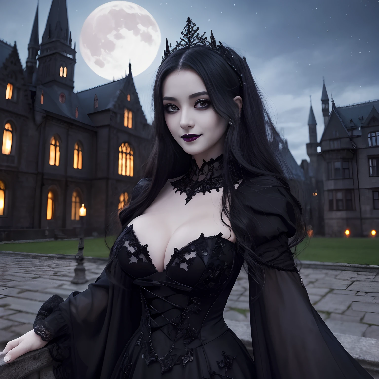 Best Quality, masutepiece, 超A high resolution, Photorealistic, Raw photo, Unity 8k壁纸,(Black lips:1.3),(Black eyeshadow:1.3),(Evil smile:1.1),Black Dress,Black luxury dress,Dresses with intricate décor in the Gothic style,Japan intricate dresses,Most beautiful face,large full breasts,cleavage of the breast,Luxurious and Gothic medieval European castle,Evil Gothic Castle,A bat is flying in the night sky,I can see the red moon