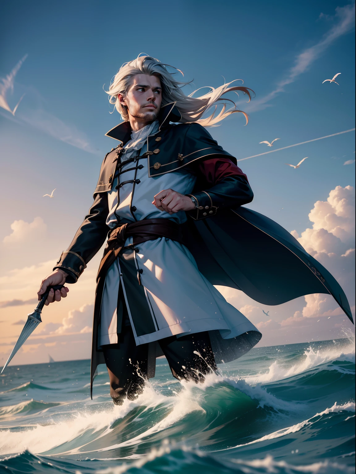 "Créez un chef-d’œuvre à couper le souffle mettant en vedette un personnage captivant de chaman marin aux longs cheveux gris en désordre, vêtu d’un long manteau de cuir déchiré et déchiré et d’une petite plume dans la tête, tempête de fond à bord du navire."