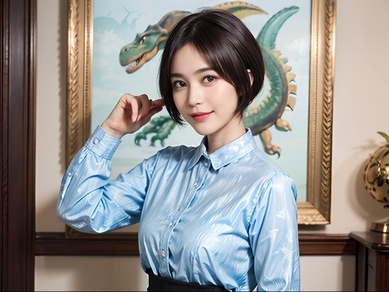 89
(a 20 yo woman,is standing), (A hyper-realistic), (masutepiece), ((short-hair:1.46)), (Smooth black hair), (Breast:1.0), (kindly smile), wear long pants, (Wearing a dinosaur print long-sleeved shirt), (Beautiful skin:1.5), (painterly、picture frame)