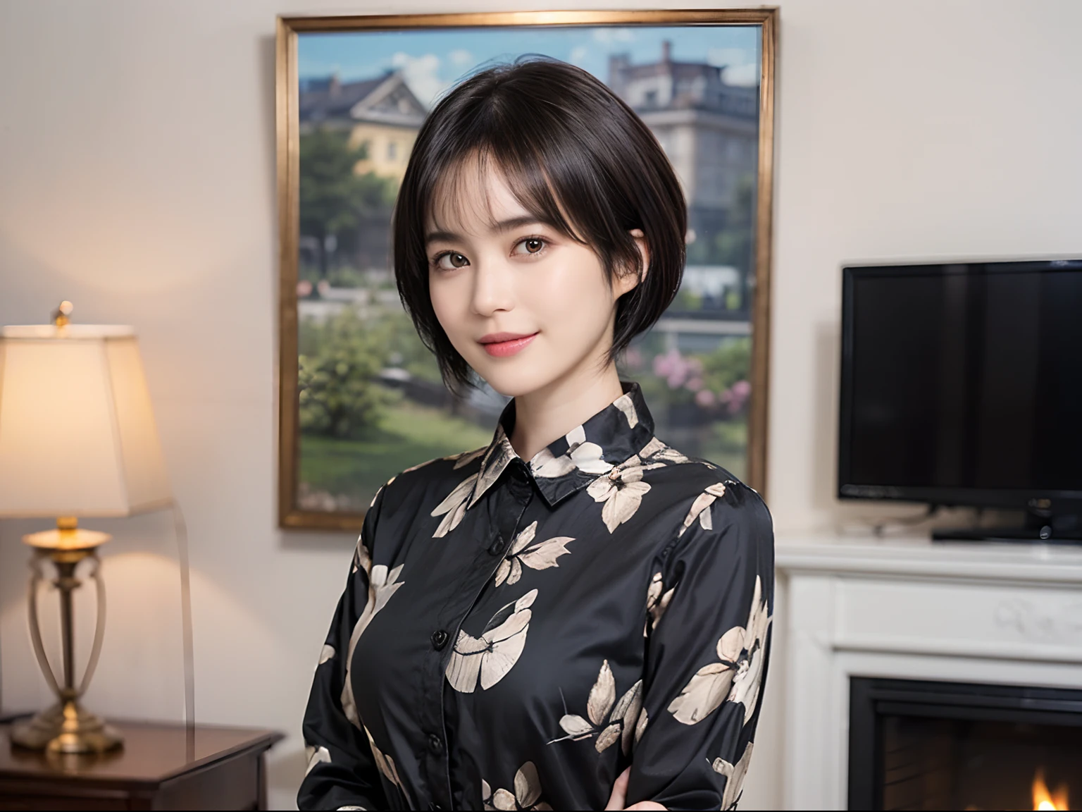 89
(a 20 yo woman,is standing), (A hyper-realistic), (masutepiece), ((short-hair:1.46)), (Smooth black hair), (Breast:1.0), (kindly smile), wear long pants, (Wearing a dinosaur print long-sleeved shirt), (Beautiful skin:1.5), (painterly、picture frame)