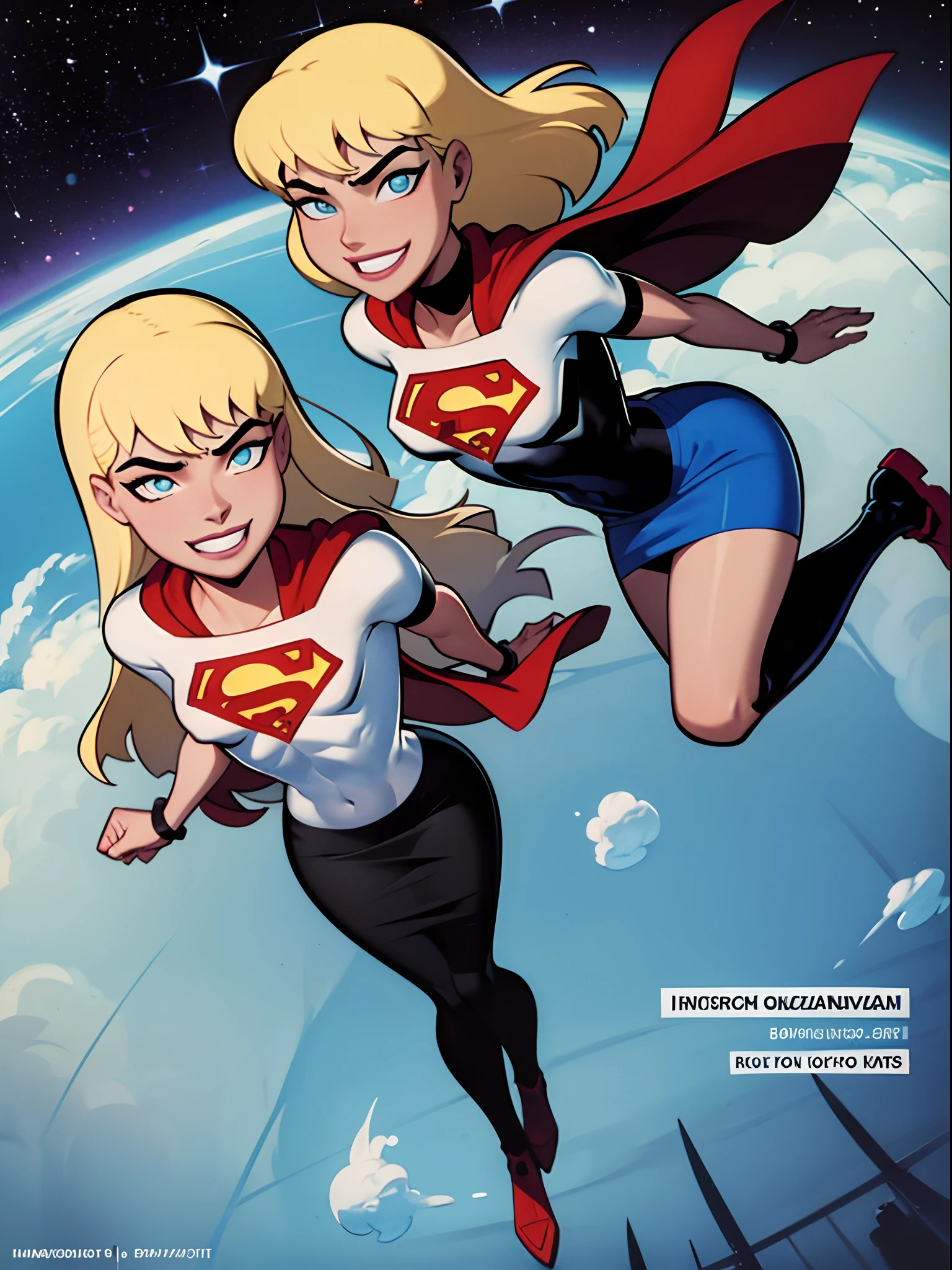 capa de revista:1.4),texto em negrito,Buscar, Supergirlfit, cabelos muito longos, cabelos loiros, cabelo entre os olhos, rabo de cavalo alto, Fechaduras laterais, Olhos azuis, Supergirl, roupas brilhantes, impossible bodysuit, Pele apertada, skirt, Olhando para o Viewer sorrindo, (),(pernas musculosas:1.3), (heroic pose), ((She's flying in real space))