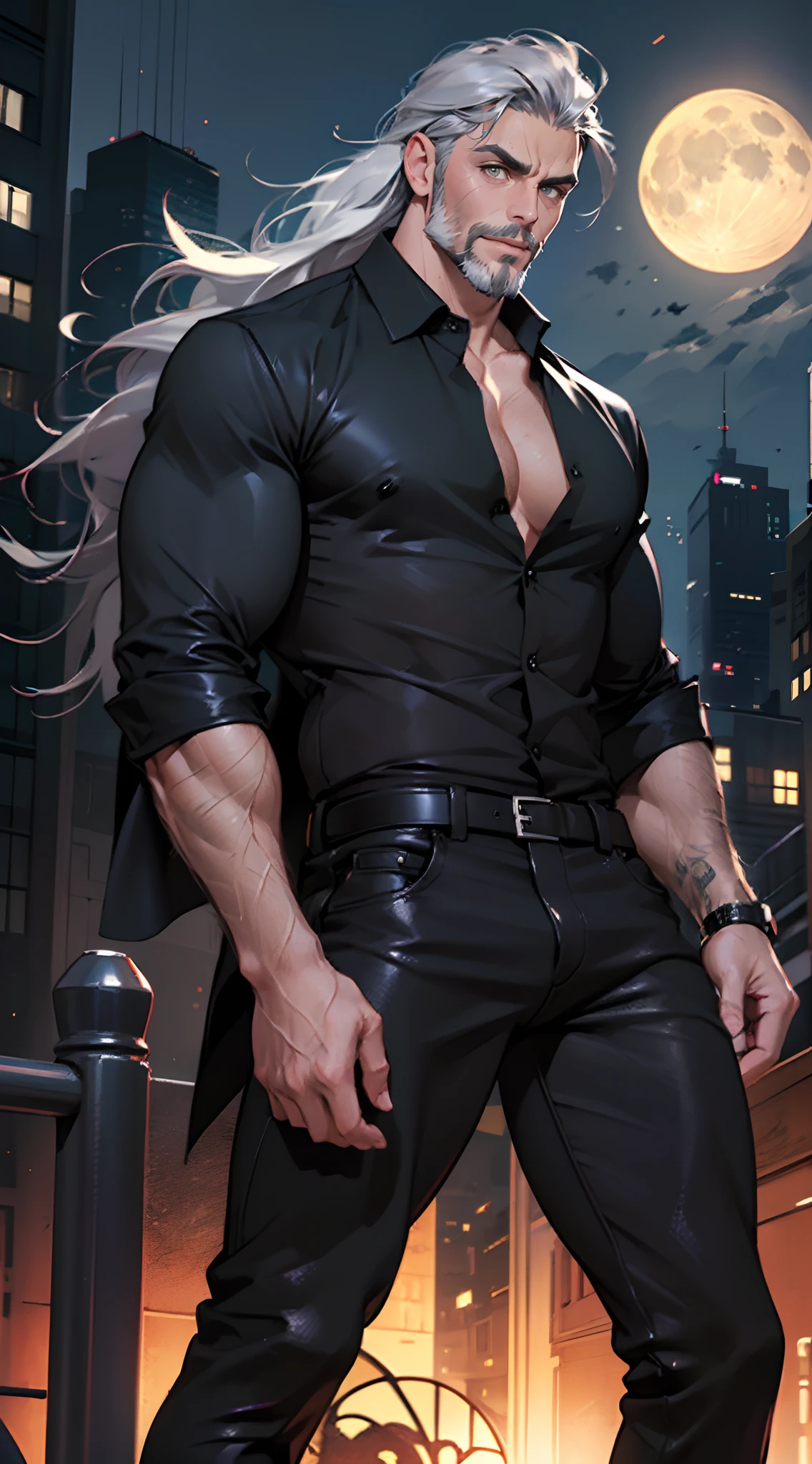 Handsome man , Gray hair , long hair , silver eyes , brown skin , ((very muscular:1.3)), ((gray beard:1.1)), muscular arms , very tall , age 60,
Nigh time , full moon , moody lighting, in a city , depth of field,
Wearing a black button down shirt , black leather pants , ,