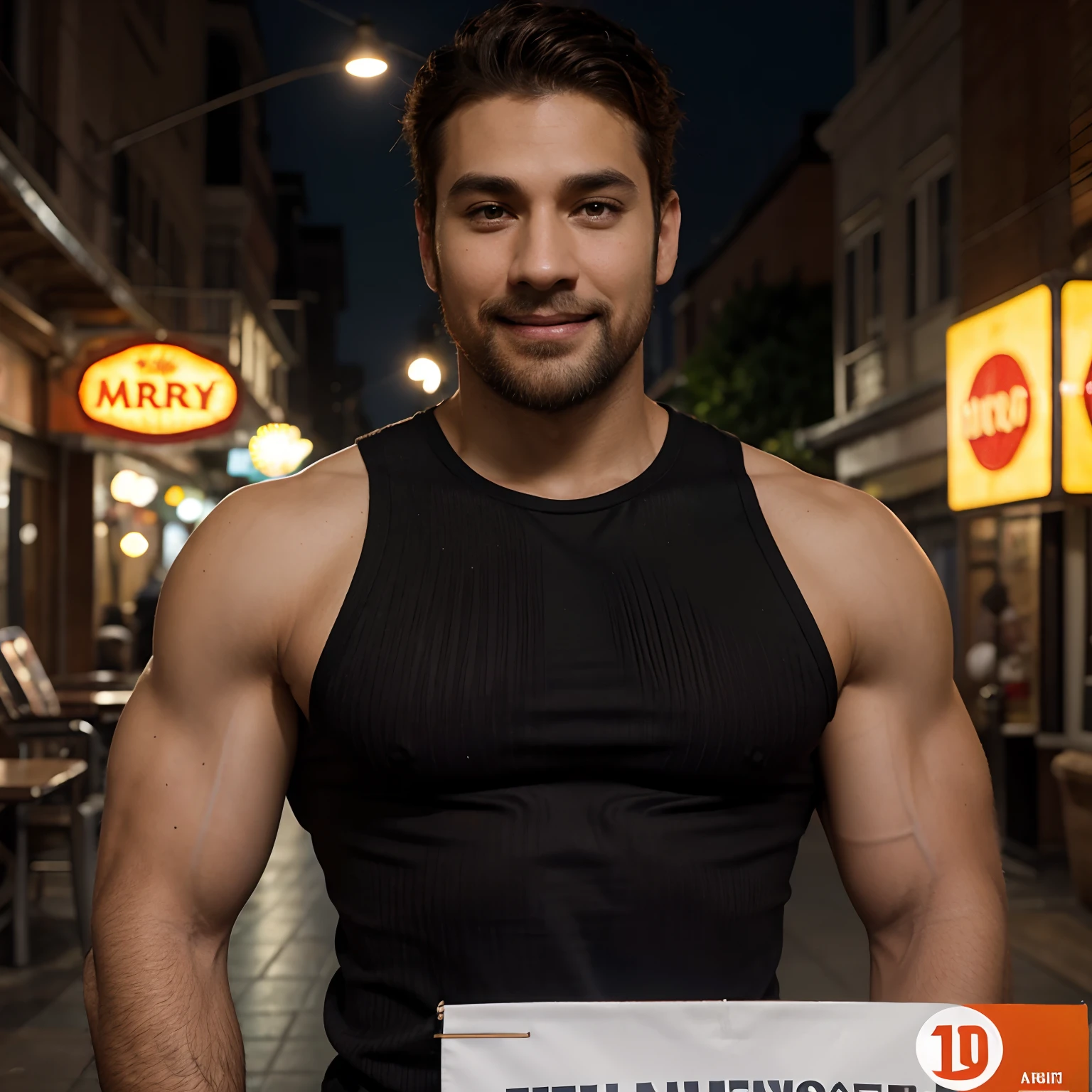 Disney Pixar-inspired movie poster with title [Cadu]. [ 30-years-old young good looking man,
with a orange color ribbed tank top, a silly smile on his face, a
dark blown hair haircut, well-shaped and defined dark brown beard, black colored eyes and eyebrows, he has
also light-skin skin and a big muscle body]