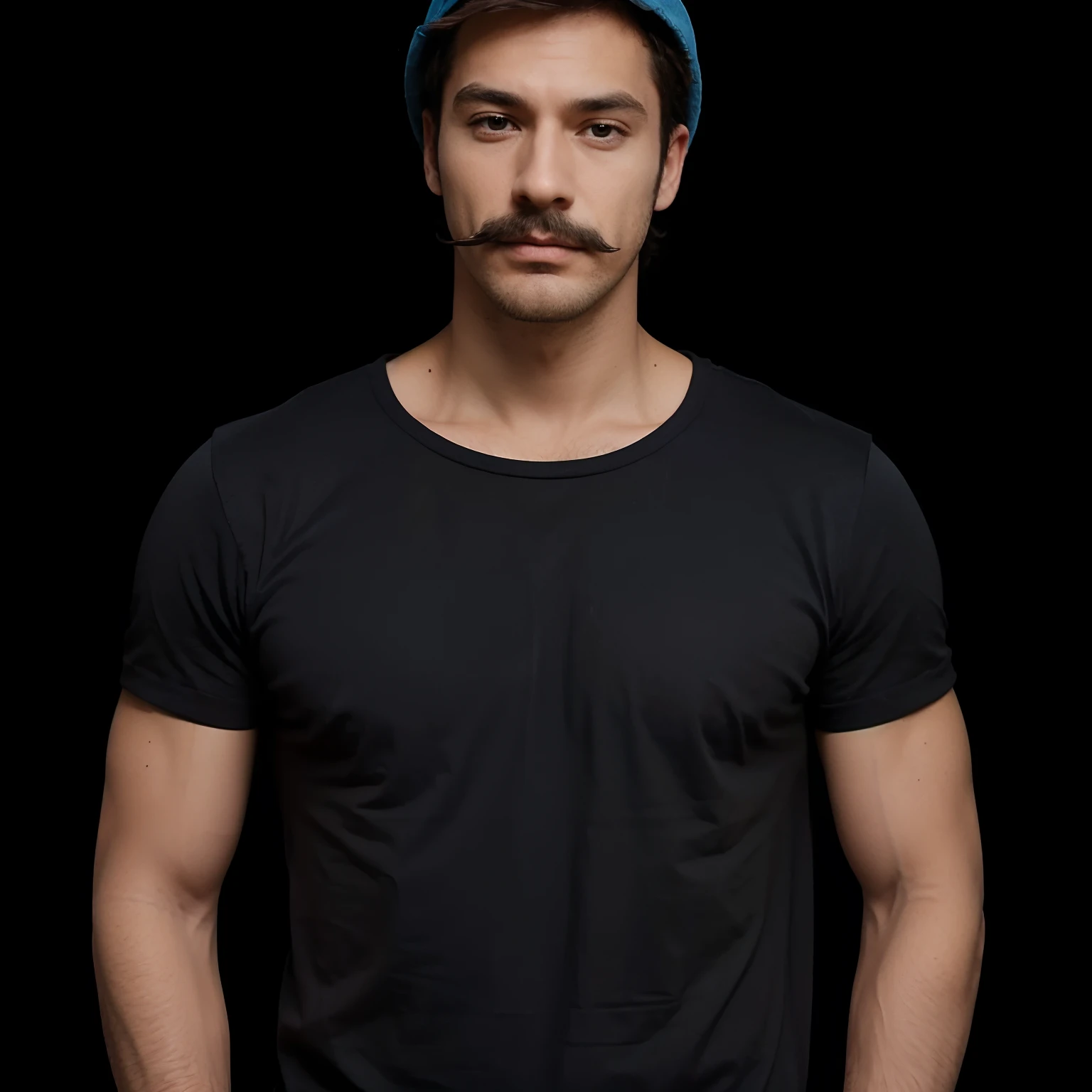 homem com bigode e bucket hat azul
