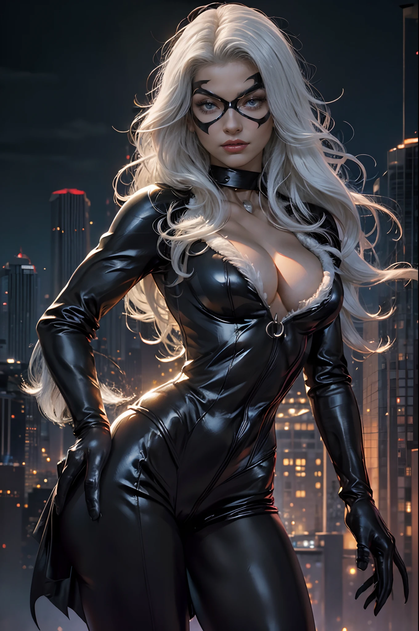 black cat,beautiful face,protruding breasts,white long hair,detailed fur texture,sharp focus,piercing eyes,intense gaze,delicate whiskers,elegant posture,mysterious aura,high contrast,soft shadows,vibrant colors,artistic rendering,realistic painting style,nighttime scenery,moonlight illumination,sleek physique,graceful movements,curved tail,intense expression,hidden secrets,mesmerizing presence,attention to details,photorealistic details,subtle highlights,darker tones,alluring beauty,sleek and shiny coat,petite frame,playful yet mysterious,engaging personality,intense connection,strong visual impact,stunning artwork,professional composition,high-resolution masterpiece,attention-grabbing,eye-catching composition,provocative and alluring,expressive and captivating gaze, platinum white hair, black mask