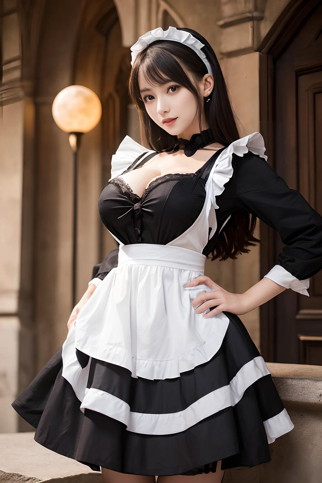 ((1 Beautiful Maid,Adult maid,20yr old,Half Japan and half Spanish)),((Gorgeous Victorian Maid Dresses, Huge Maid Dresses,Black and white maid dresses,Maid dresses with ruffles,Gorgeous Maid Dresses,Maid outfit with big apron,Big Dressmaid Costume,Luxury Maid Clothing,Extravagant long skirt, Gorgeous Victorian Maid Costume,Gorgeous Maid Dresses)),((Luxurious and Gothic medieval European castle,Luxurious and Gothic castle,Beautiful and shining Full Moon,Full moon shines in the night sky)),(Emphasize body lines,large full breasts,Big breasts that are about to burst,stares at the camera,Moist eyes,Staring at me),(Looking at the camera,Top image quality, Top image quality, masterpiece, White teeth,stares at the camera,high-definition RAW color photography, professional photograpy, extremely delicate and beautiful, Extremely detailed,finely detail, Huge file size,Top image quality,8K,Photos taken with a single-lens reflex camera)