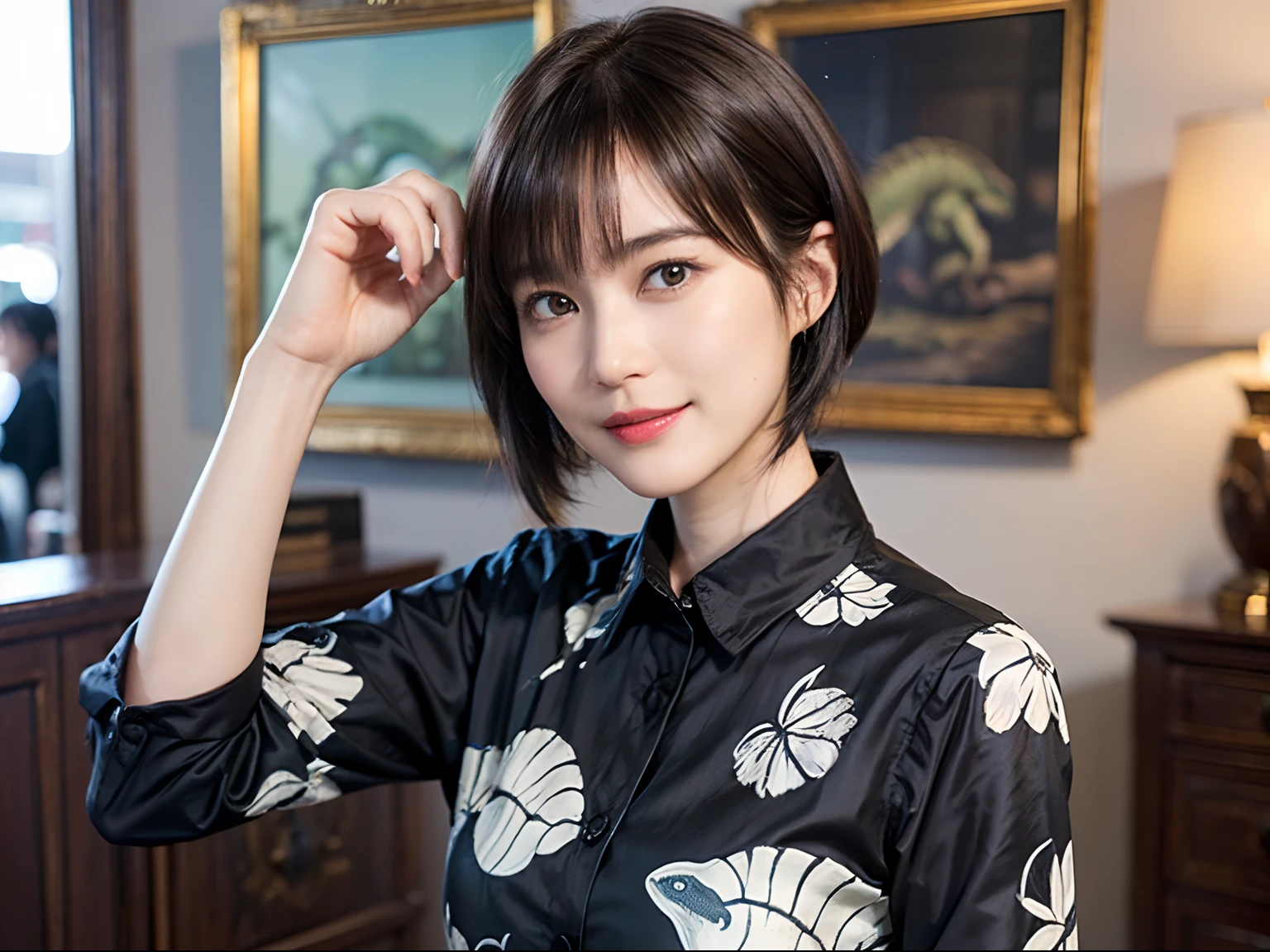 89
(a 20 yo woman,is standing), (A hyper-realistic), (masutepiece), ((short-hair:1.46)), (Smooth black hair), (Breast:1.0), (kindly smile), wear long pants, (Wearing a dinosaur print long-sleeved shirt), (Beautiful skin:1.5), (painterly、picture frame)