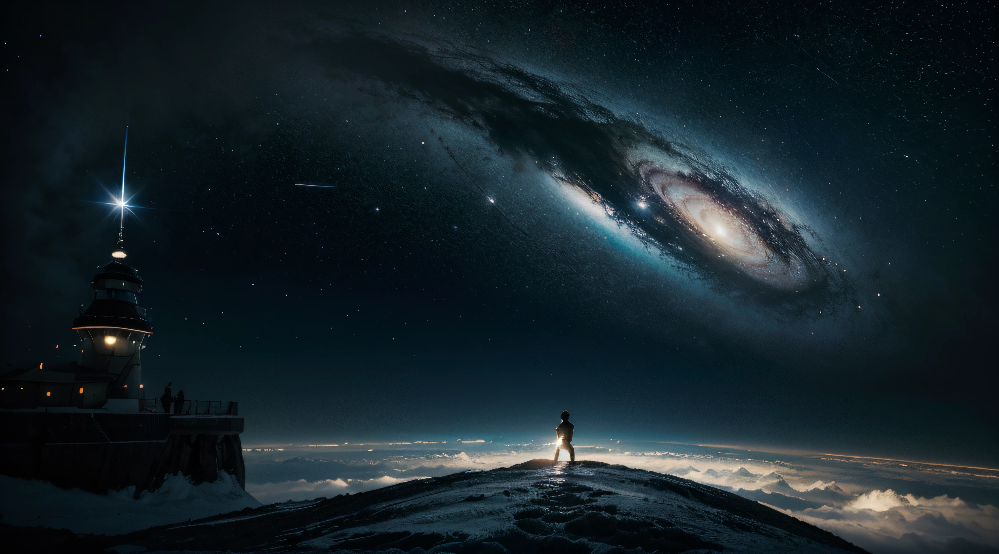"Male ein Bild, das die Verbindung zwischen Menschheit und Galaxie darstellt. Zeige, wie wir uns auf unser Streben nach den Sternen auswirken und von ihnen beeinflusst werden."