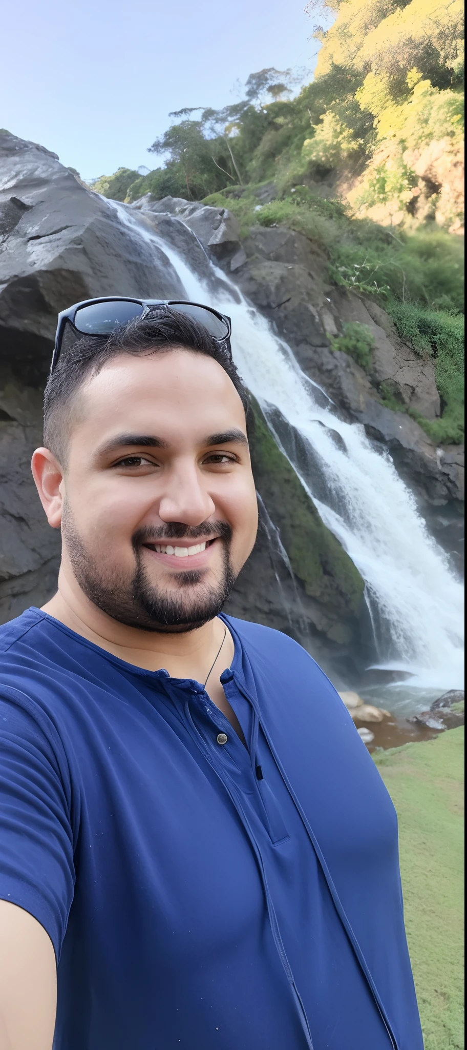 Homem tirando uma selfie em frente a uma cachoeira, em frente a uma cachoeira, Pixar animation